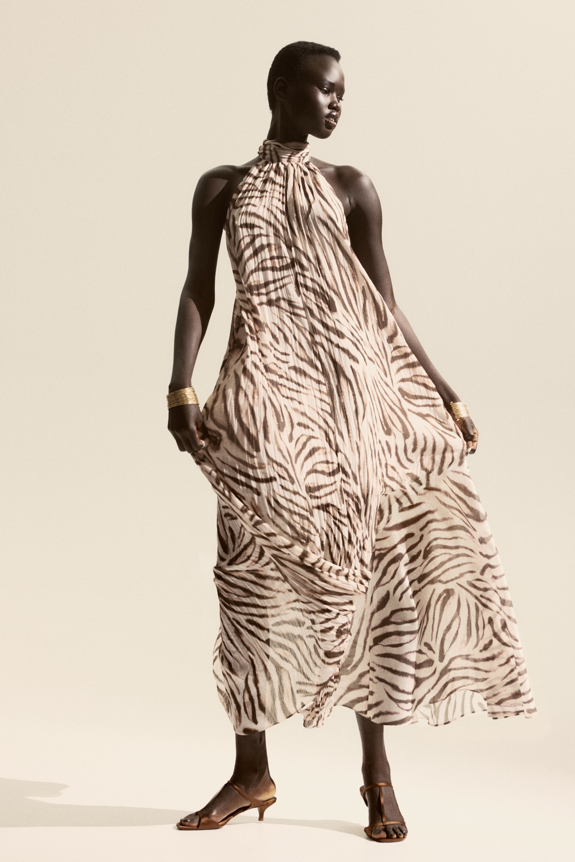 ロングワンピース - ライトベージュ／ゼブラプリント