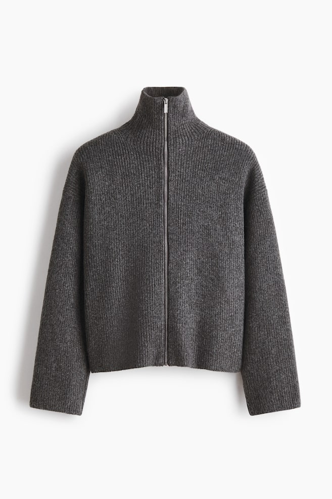 Cardigan with Zipper - Dark gray melange/Brown/Cream - 1