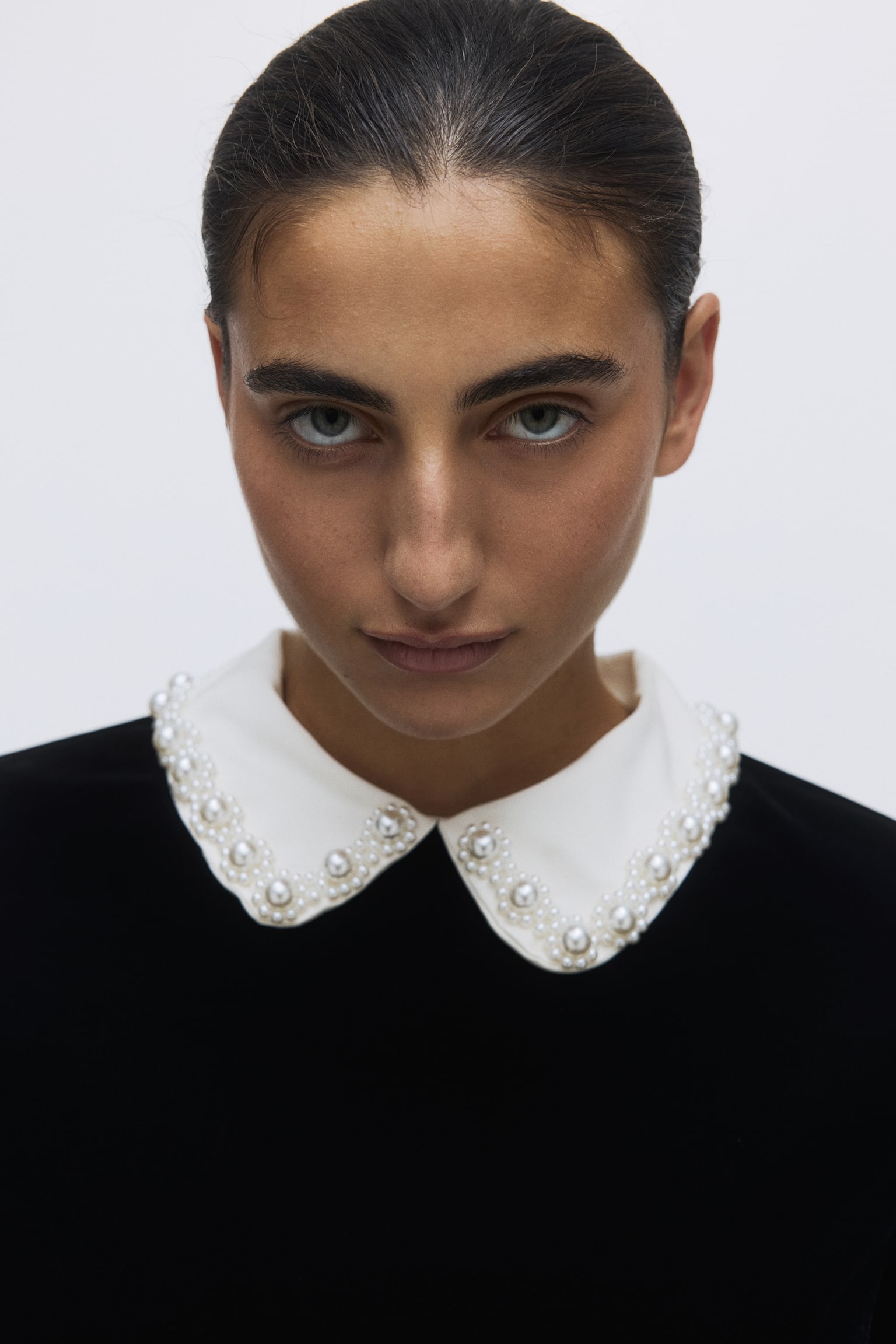 Collared velvet dress - Black/White - 3