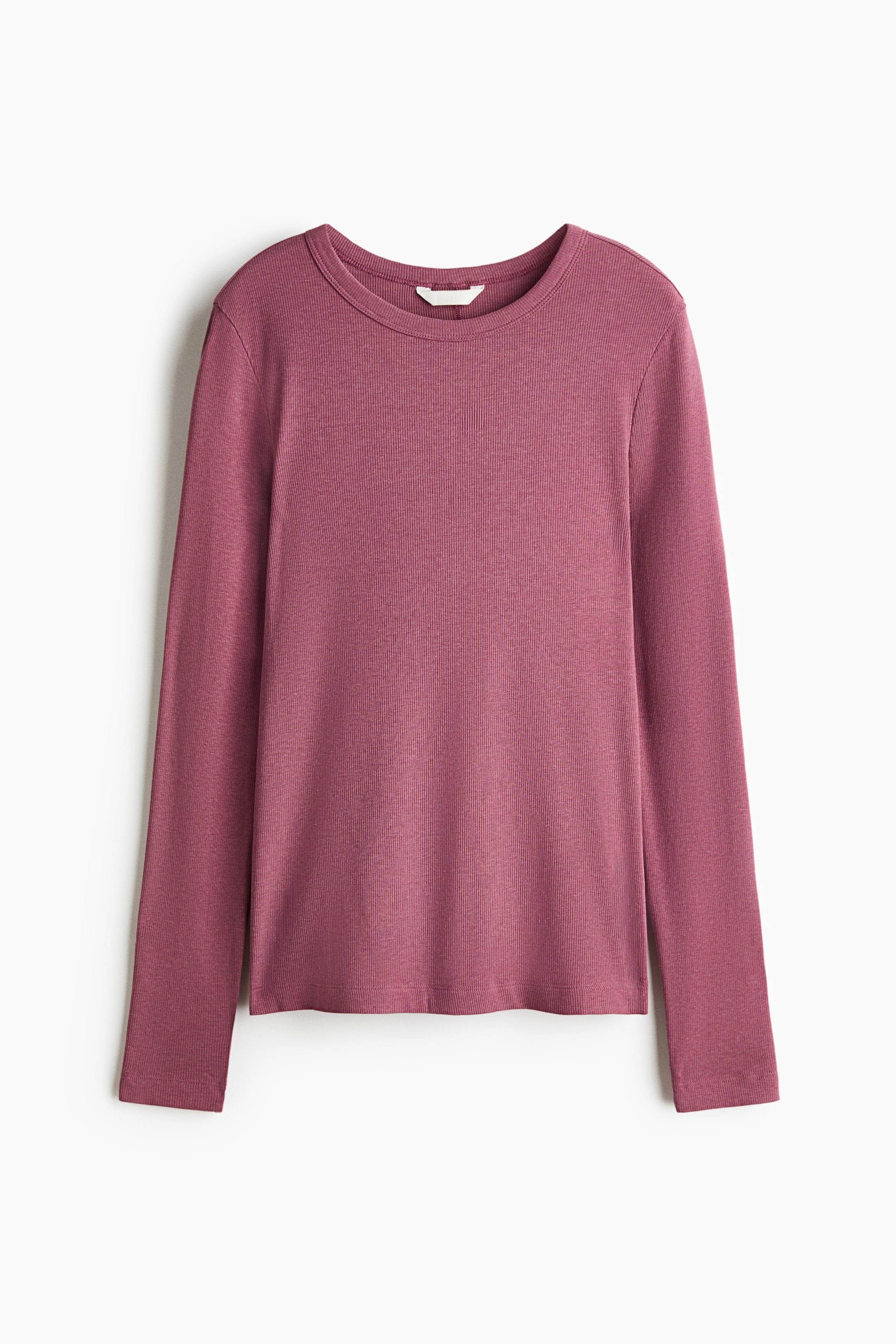 View larger image: A long-sleeved ribbed top in a dusty rose colour is facing front, showcasing its round neckline, fine ribbed texture, and straight hem.