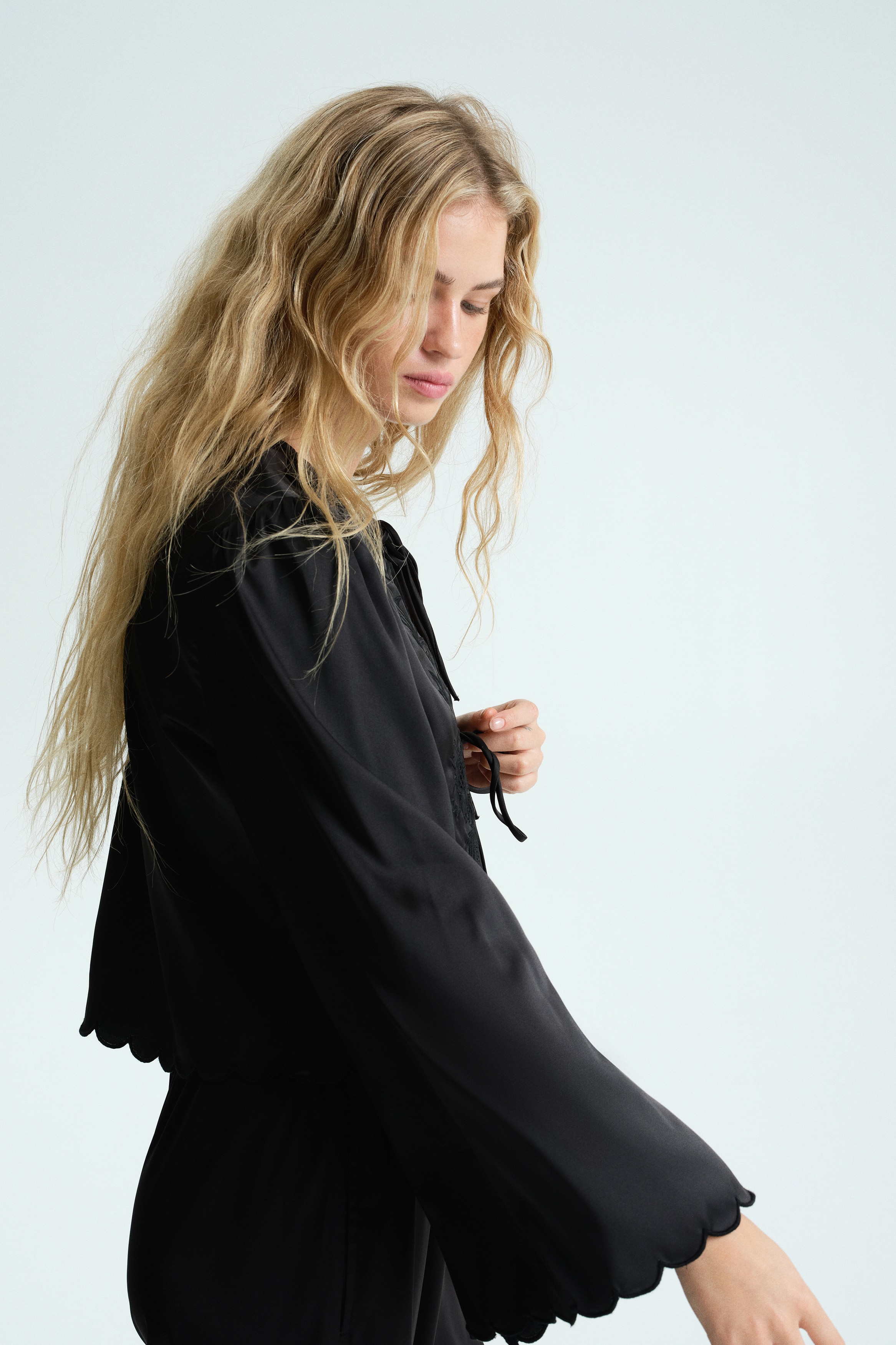 Tie-front satin blouse