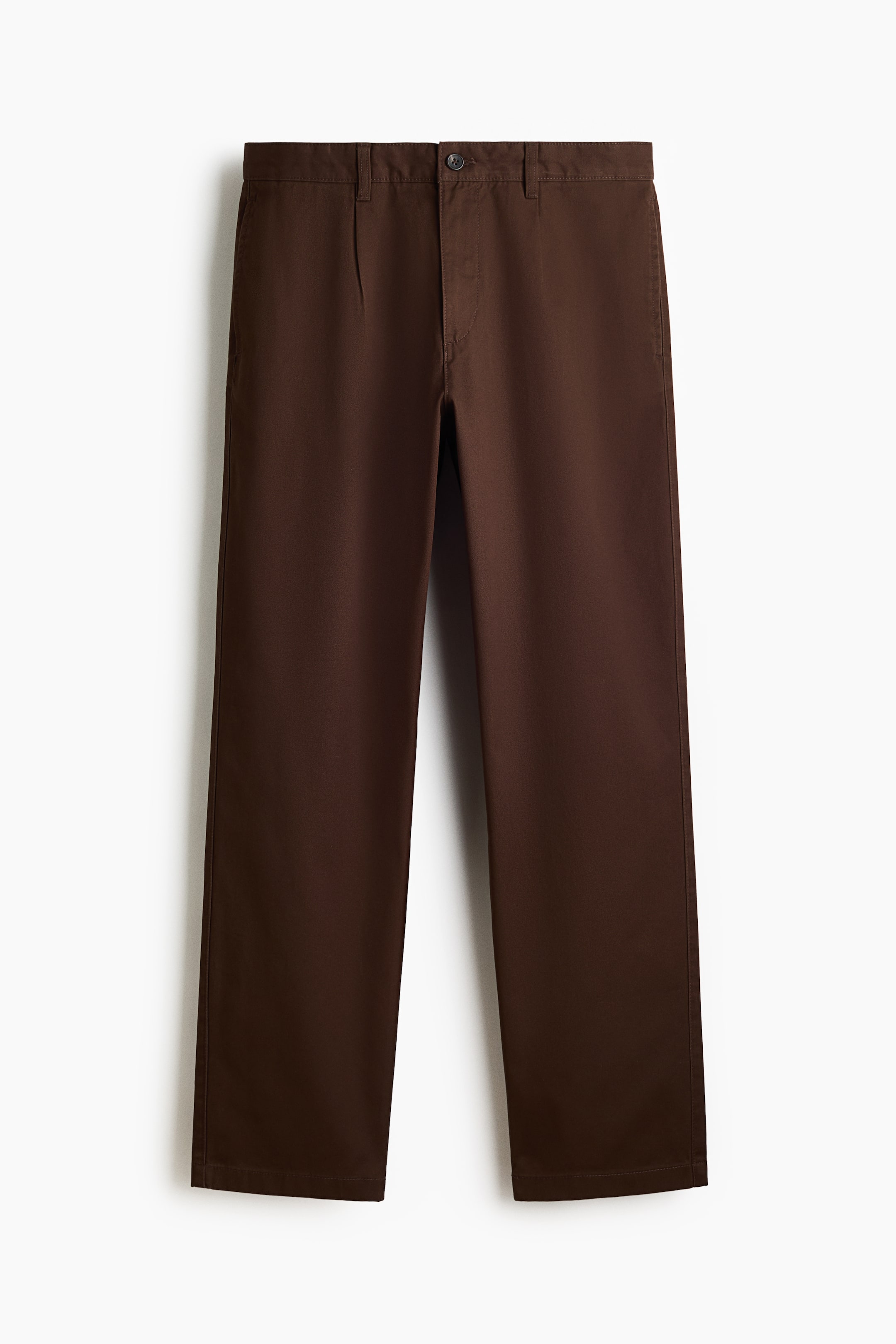 View larger image: The brown pants are shown from the front, highlighting a flat waistband with belt loops and a single dark button closure. The straight-leg trousers exhibit subtle crease lines below the waistband.