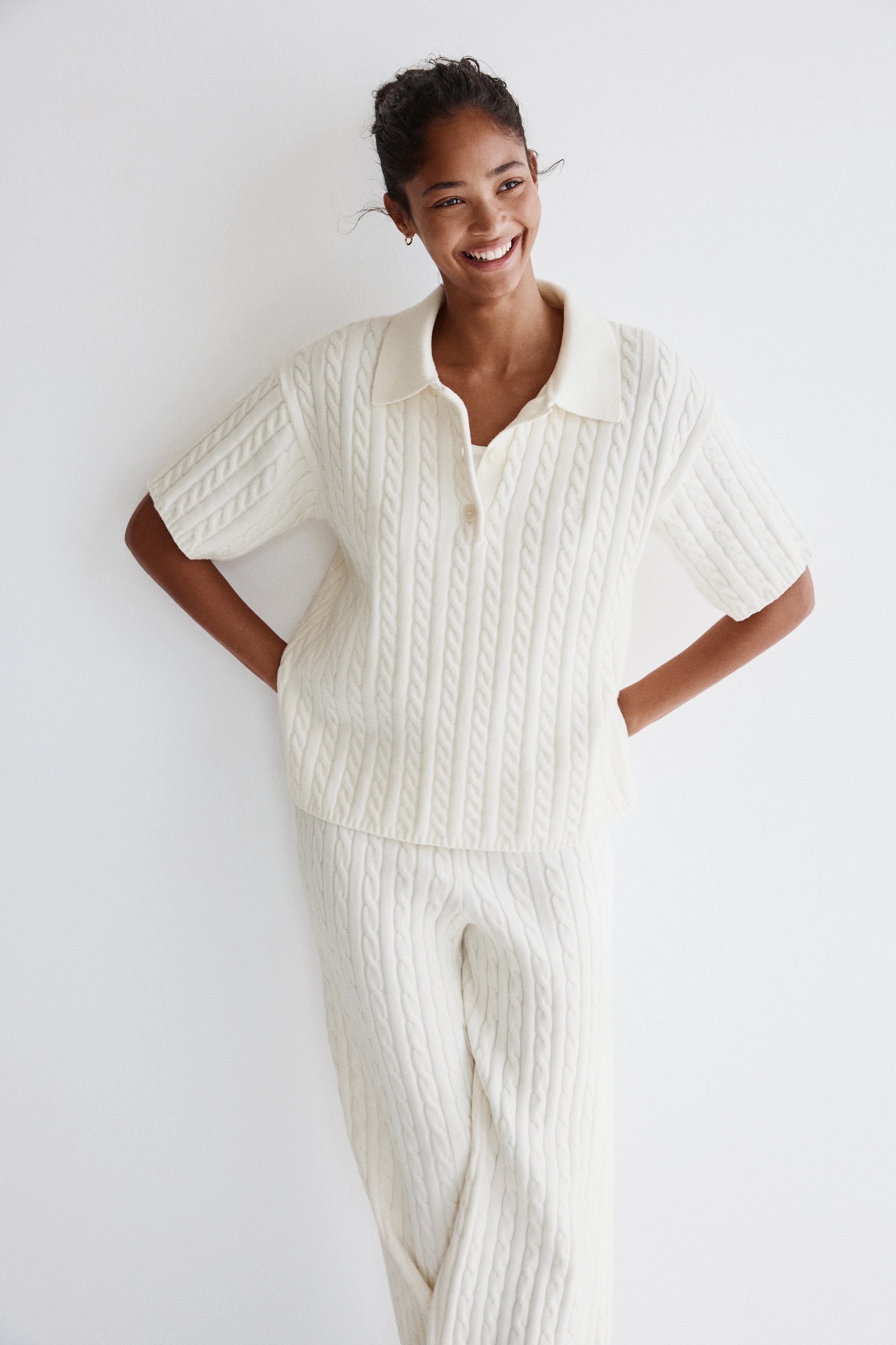 Cable-knit polo shirt