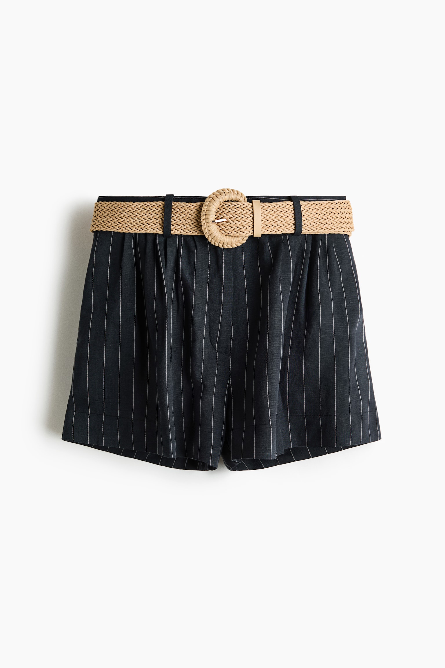Pantaloni scurți din amestec de in cu curea - Bleumarin/dungi fine - 1