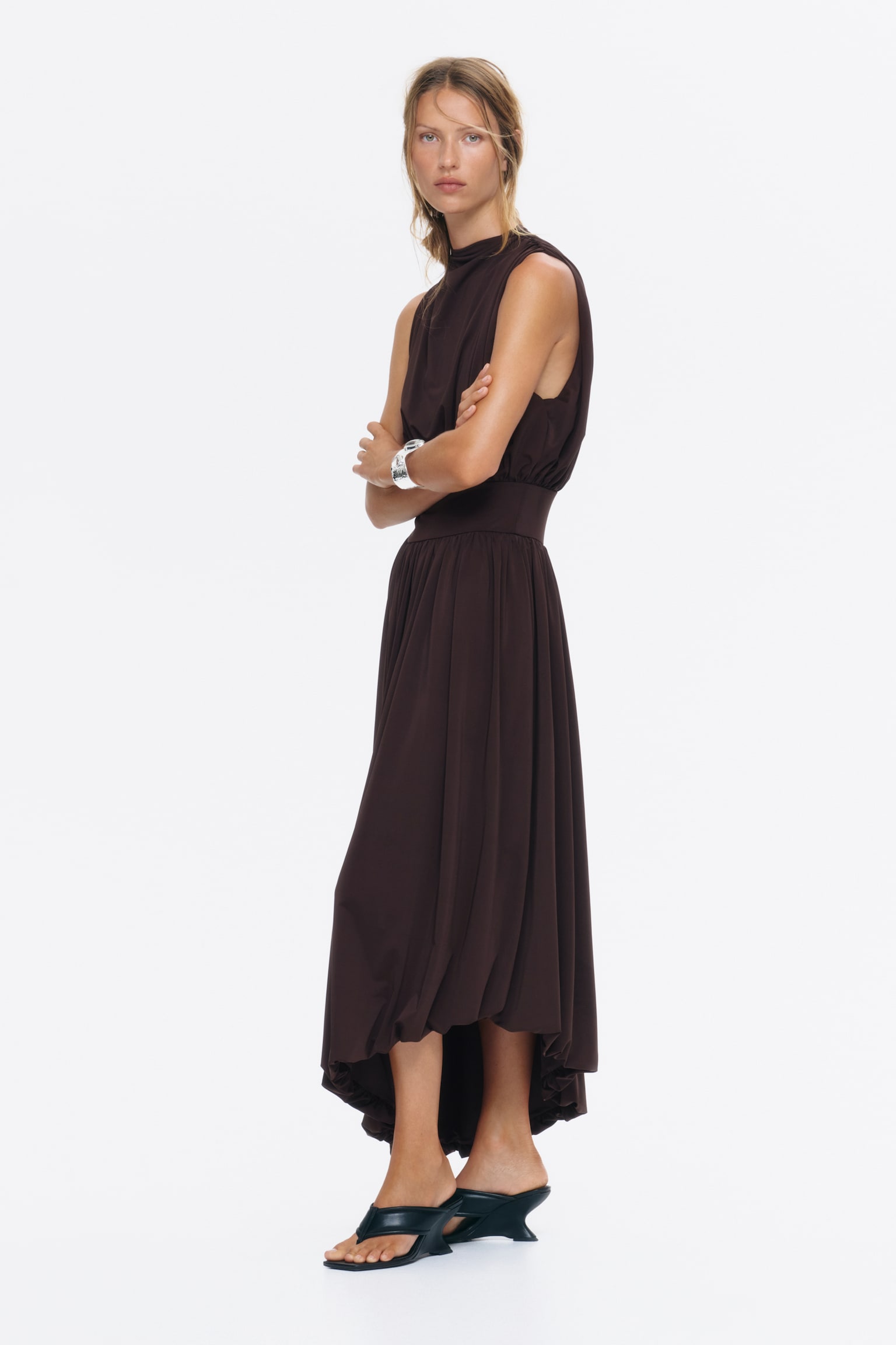 Draped Mock Turtleneck Dress - Dark brown - 1