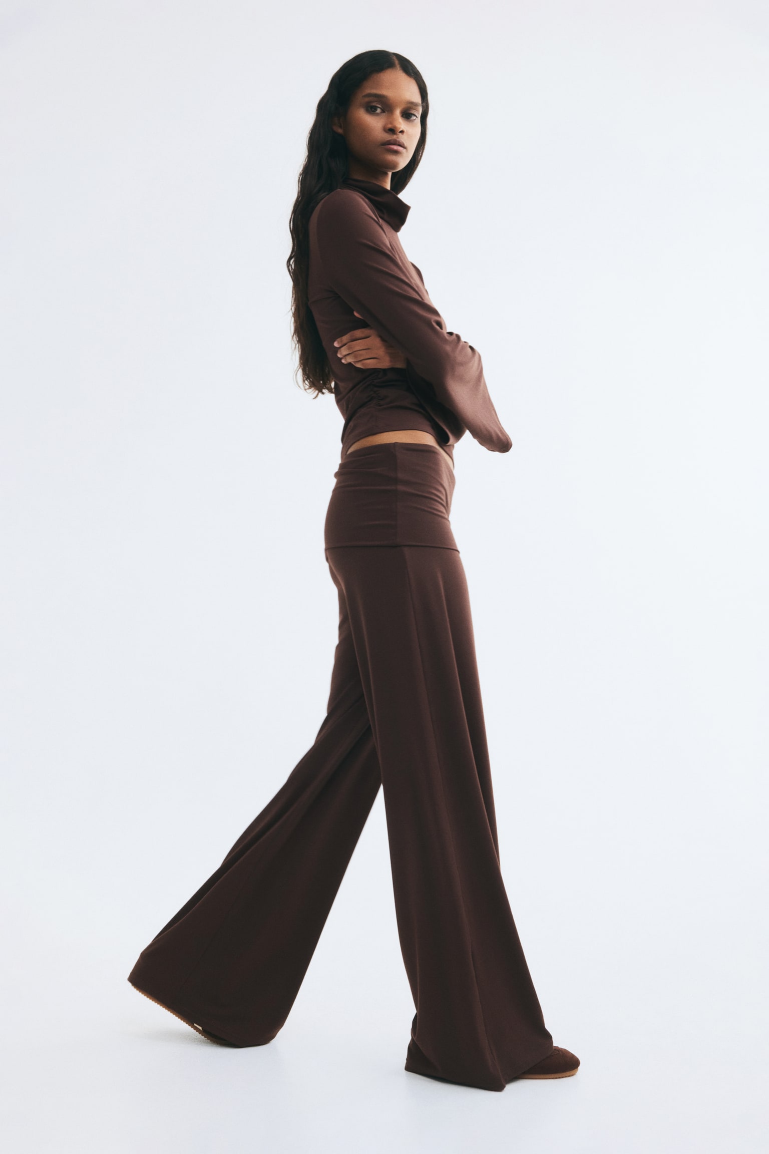 Foldover-waist jersey trousers - Dark brown/Black - 1