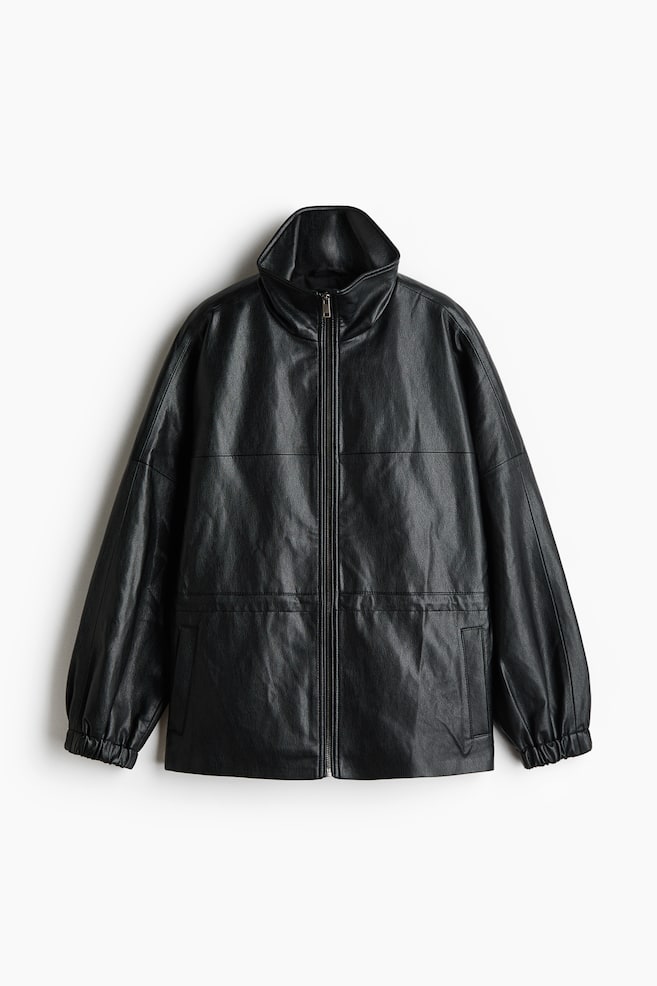 Oversized Drawstring-Waist Jacket - Black/Burgundy - 1