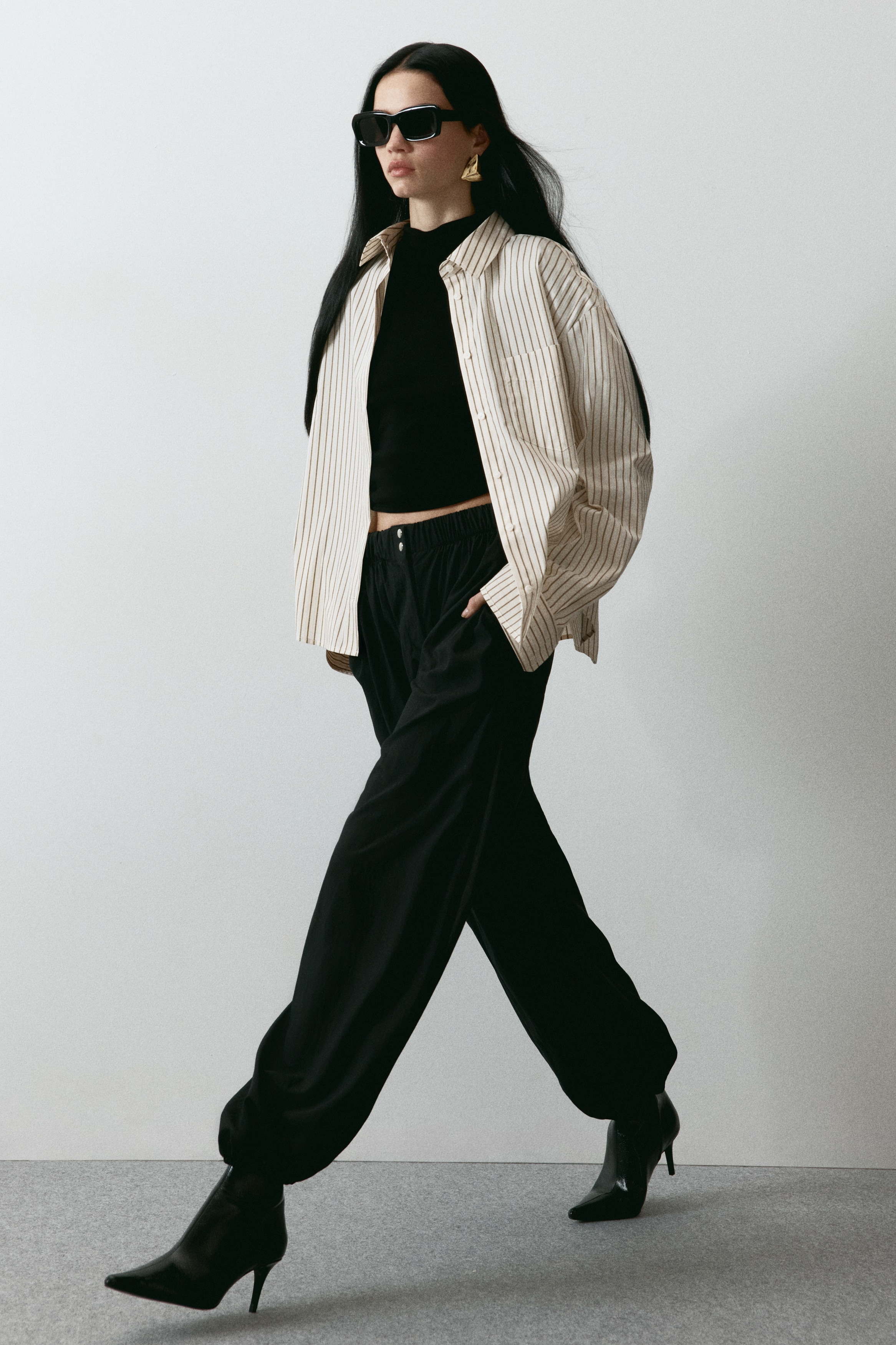 Áo sơ mi poplin dáng thụng - Màu be nhạt/Kẻ