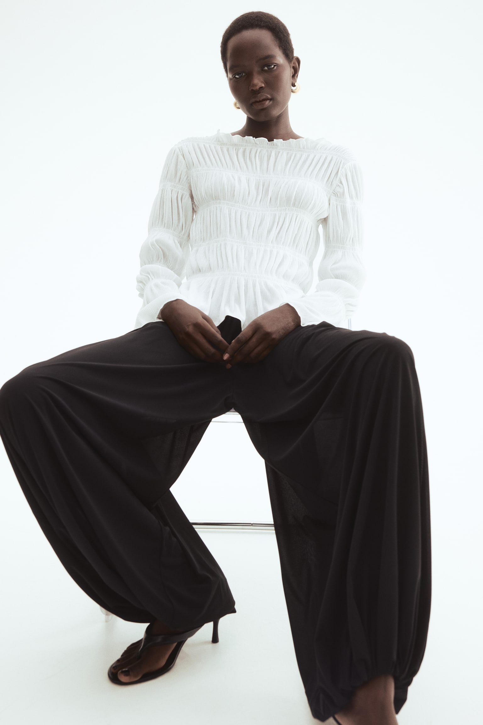 Smocked boat-neck top - White - 1