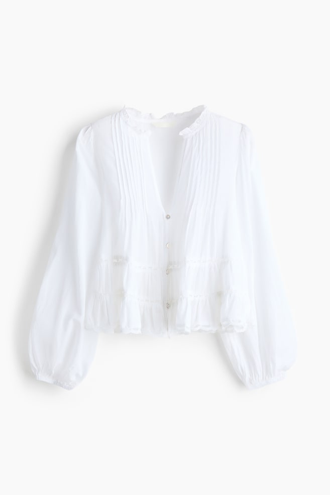 Blouse with Pintucks - White/Dark beige/floral - 1