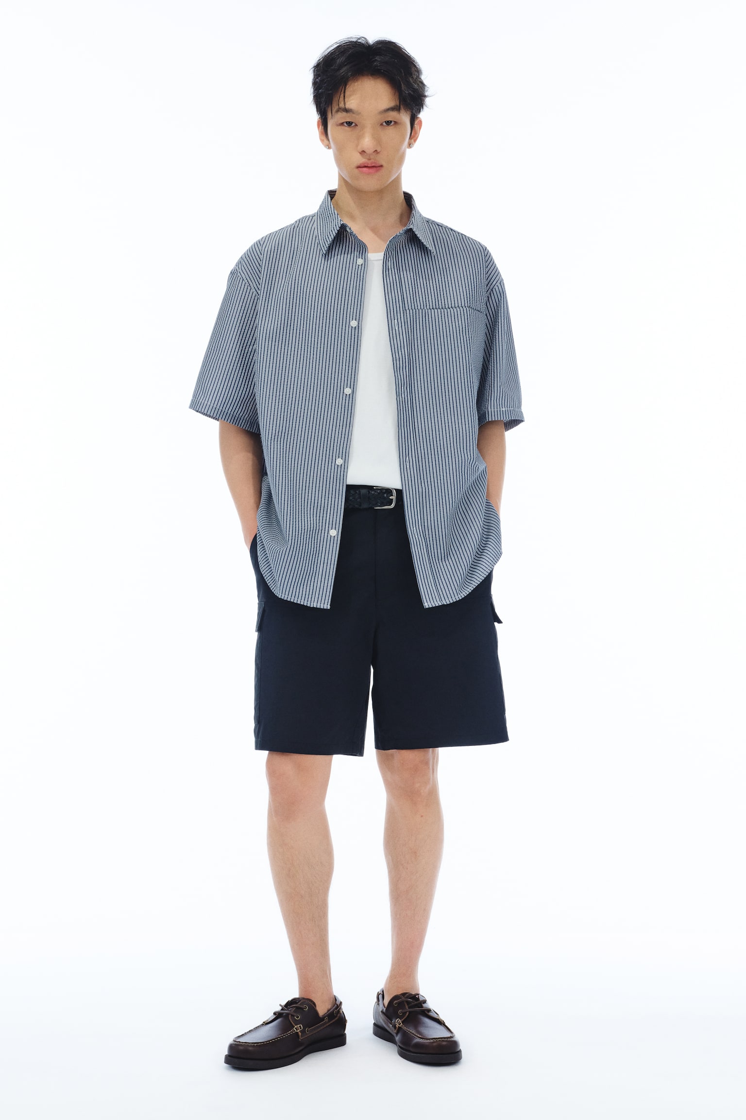Áo sơ mi sọc nhăn ngắn tay Loose Fit - Màu xanh tím than/Kẻ/Màu trắng/Kẻ/Màu đen - 1
