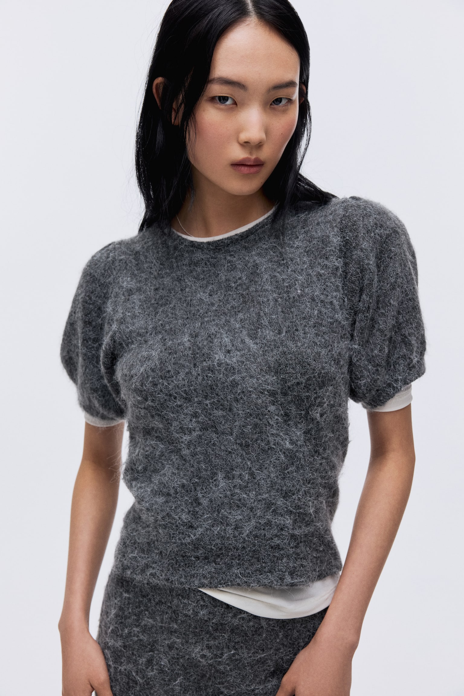 Knitted puff-sleeved top - Grey marl - 5