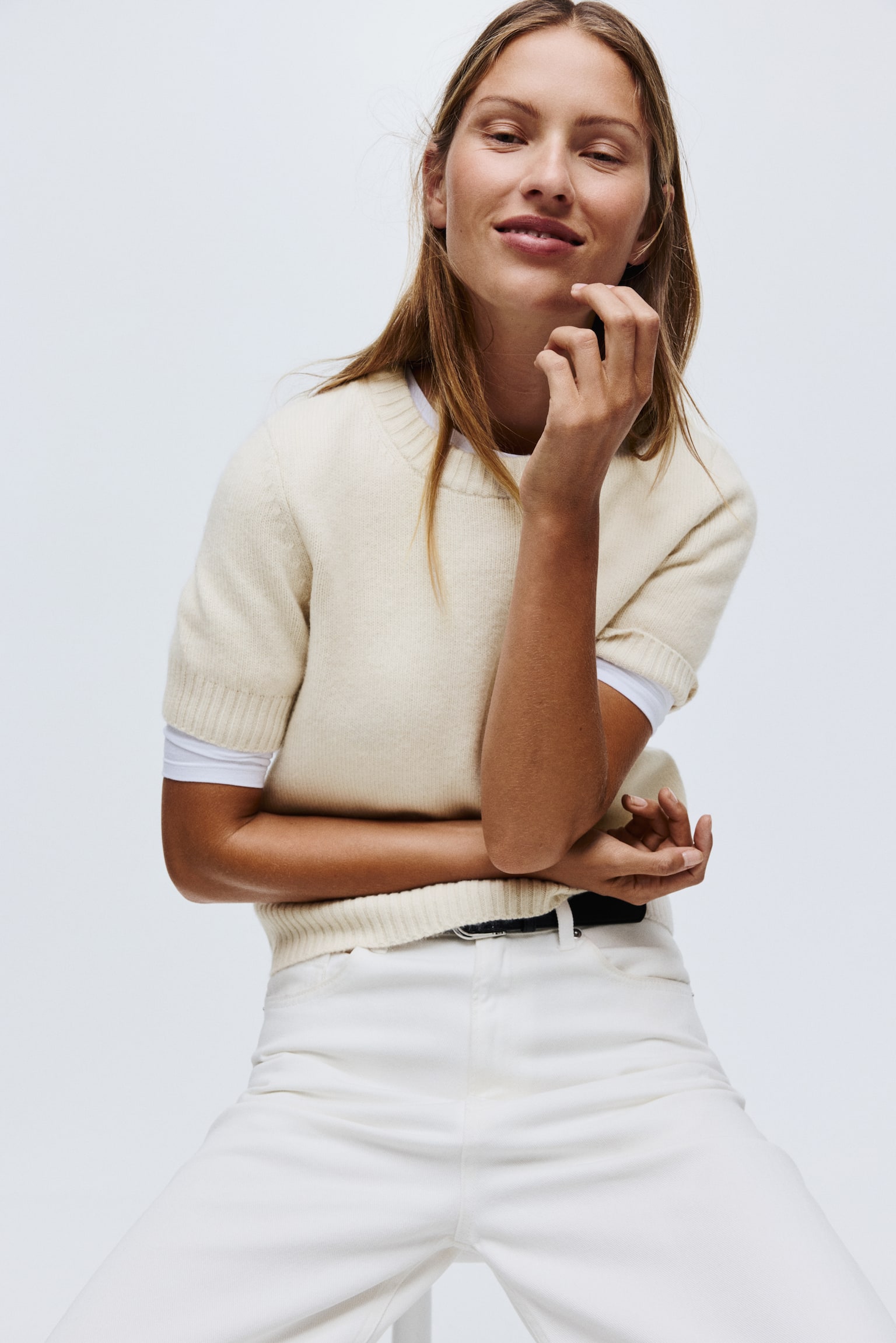 Svetr s krátkým rukávem - Světle béžová/Zelená/Tmavě béžová/Šedý melír - 2