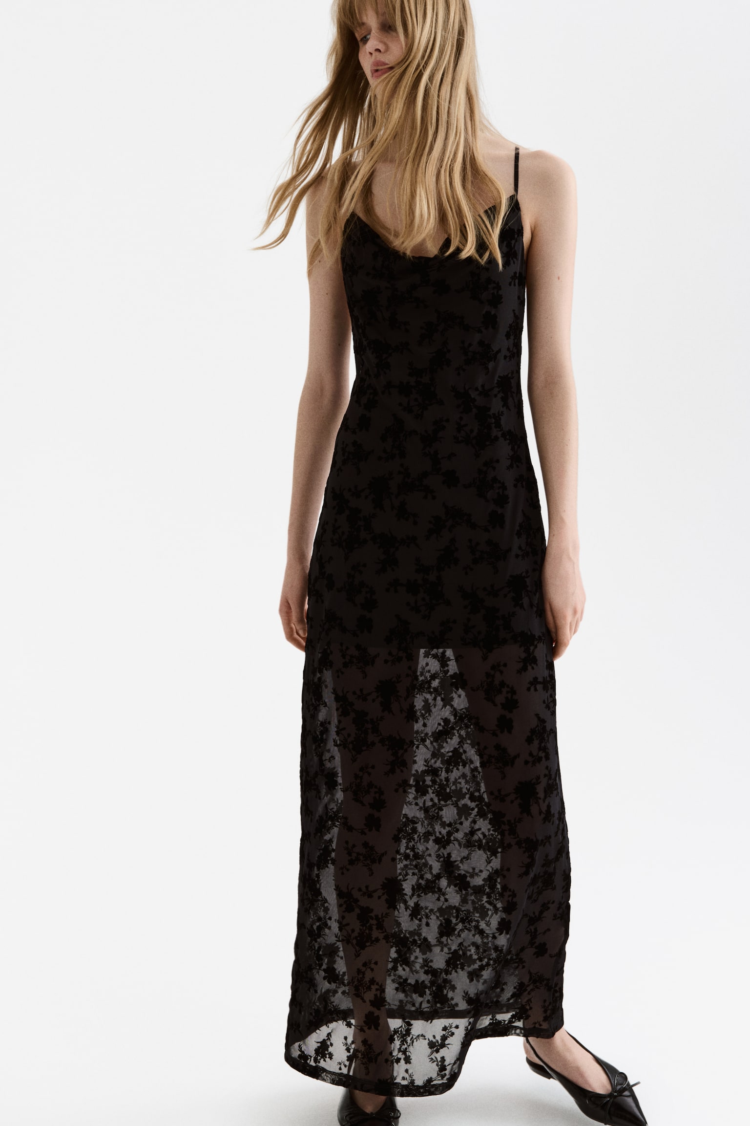 Flock-print strappy dress - Black - 1