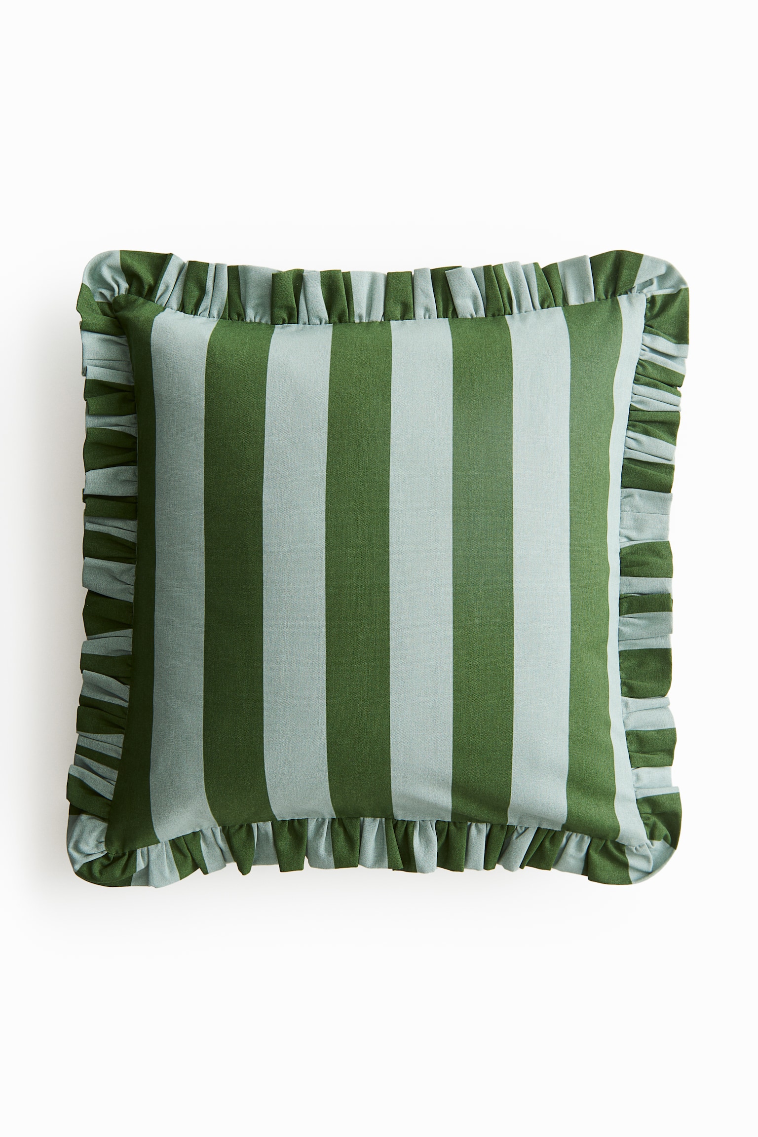 Frill-trimmed cushion cover - Dark green/Striped/Blue/Striped - 1