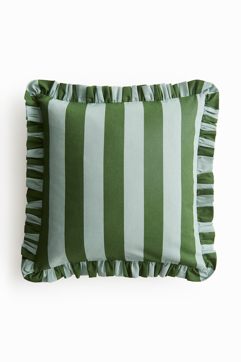 Ruffle-trimmed Cushion Cover - Dark green/striped - Home All | H&M US