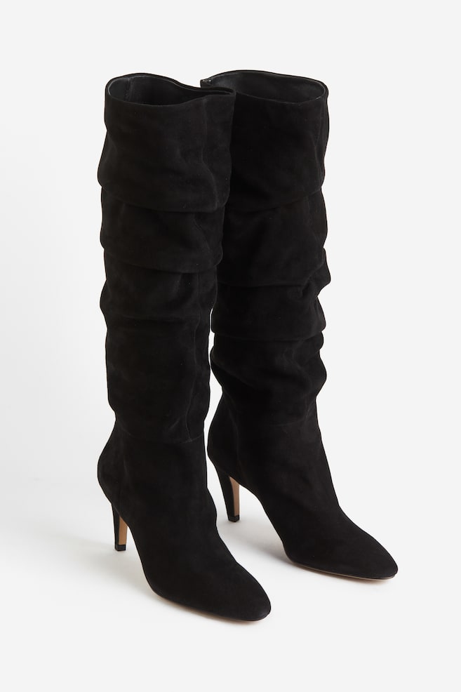 Suede knee-high heeled boots - Black - 3