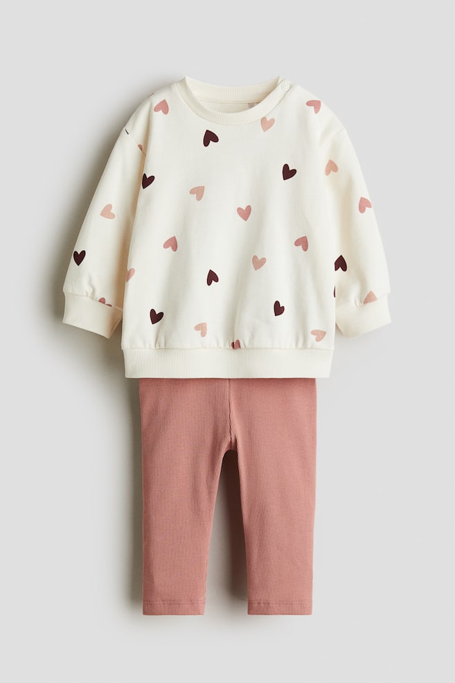 2-piece Sweatshirt and Leggings Set - White/hearts/Light purple/hearts/Light pink/cherries/Light blue/hearts/Beige/floral/Light beige/bears/Navy blue/striped/Dusty pink/apples/Light beige/bear/Beige/dotted/Light beige/floral/Dark gray/hearts/Dark gray/Light green/dinosaur - 1
