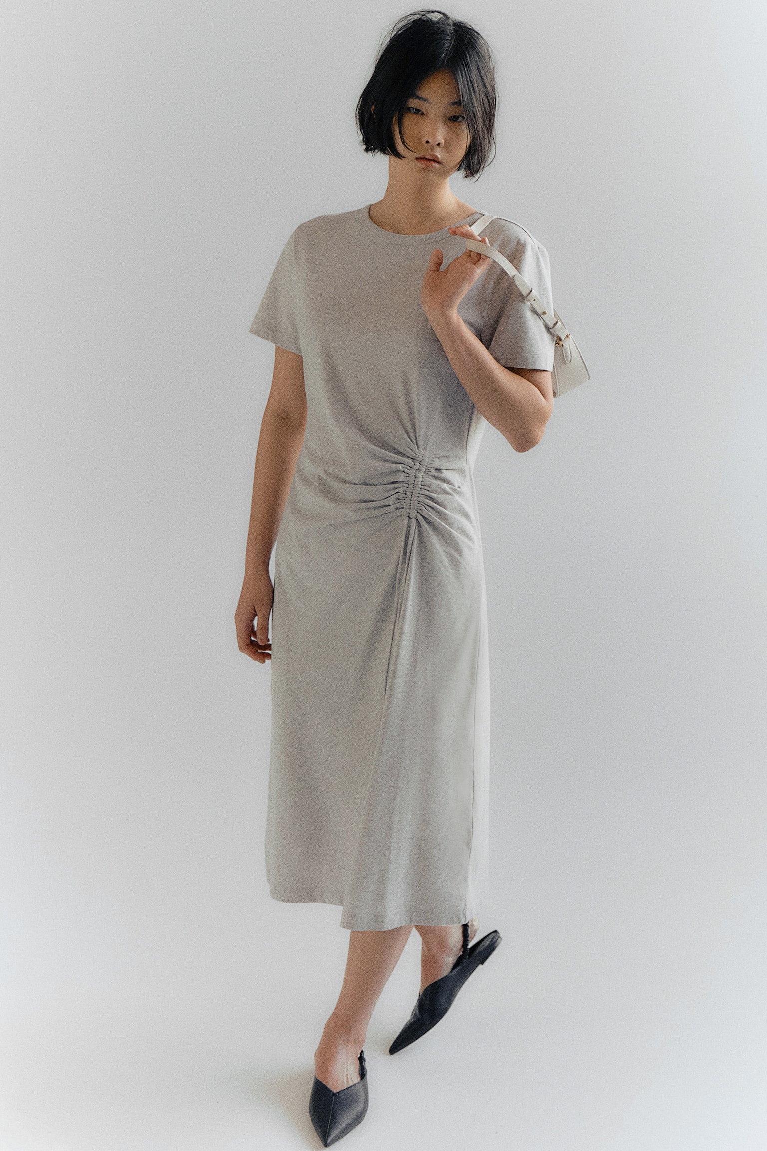 Drawstring Detail Tee Dress - Light grey marle - 1