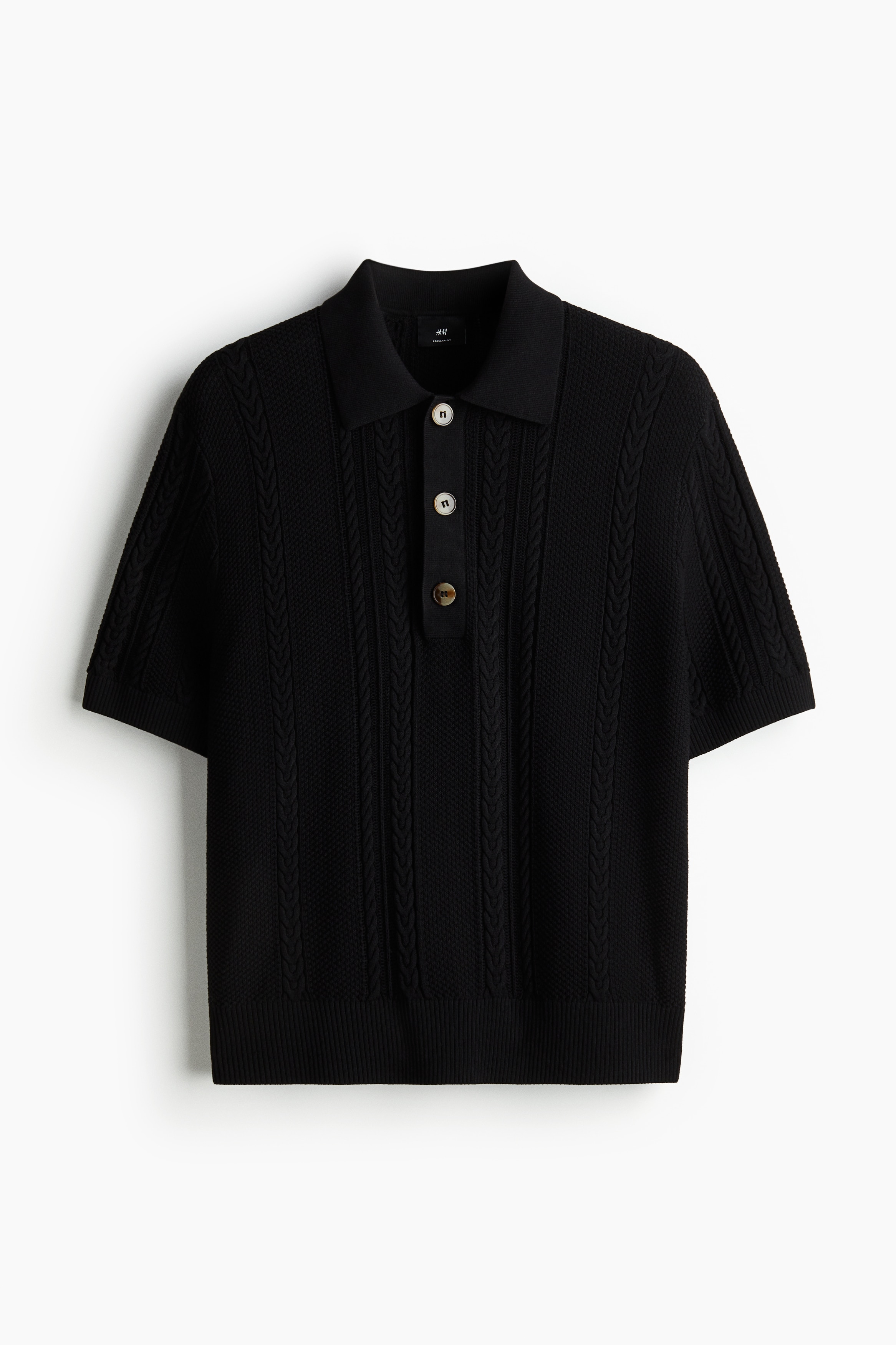 Regular Fit Cable-knit polo shirt - Black/Cream