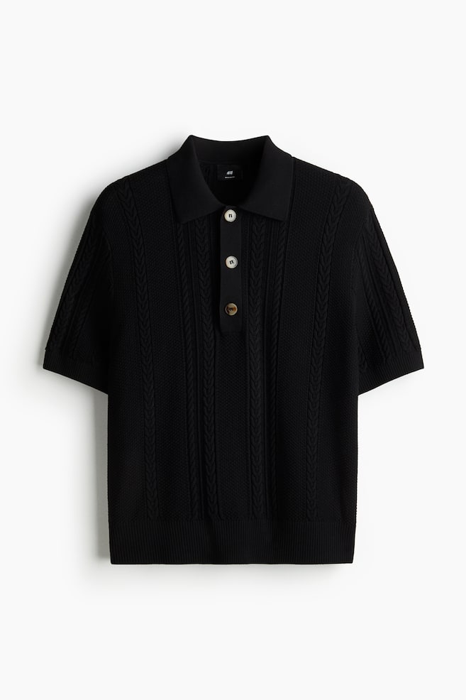Regular Fit Cable-knit polo shirt - Black - 1