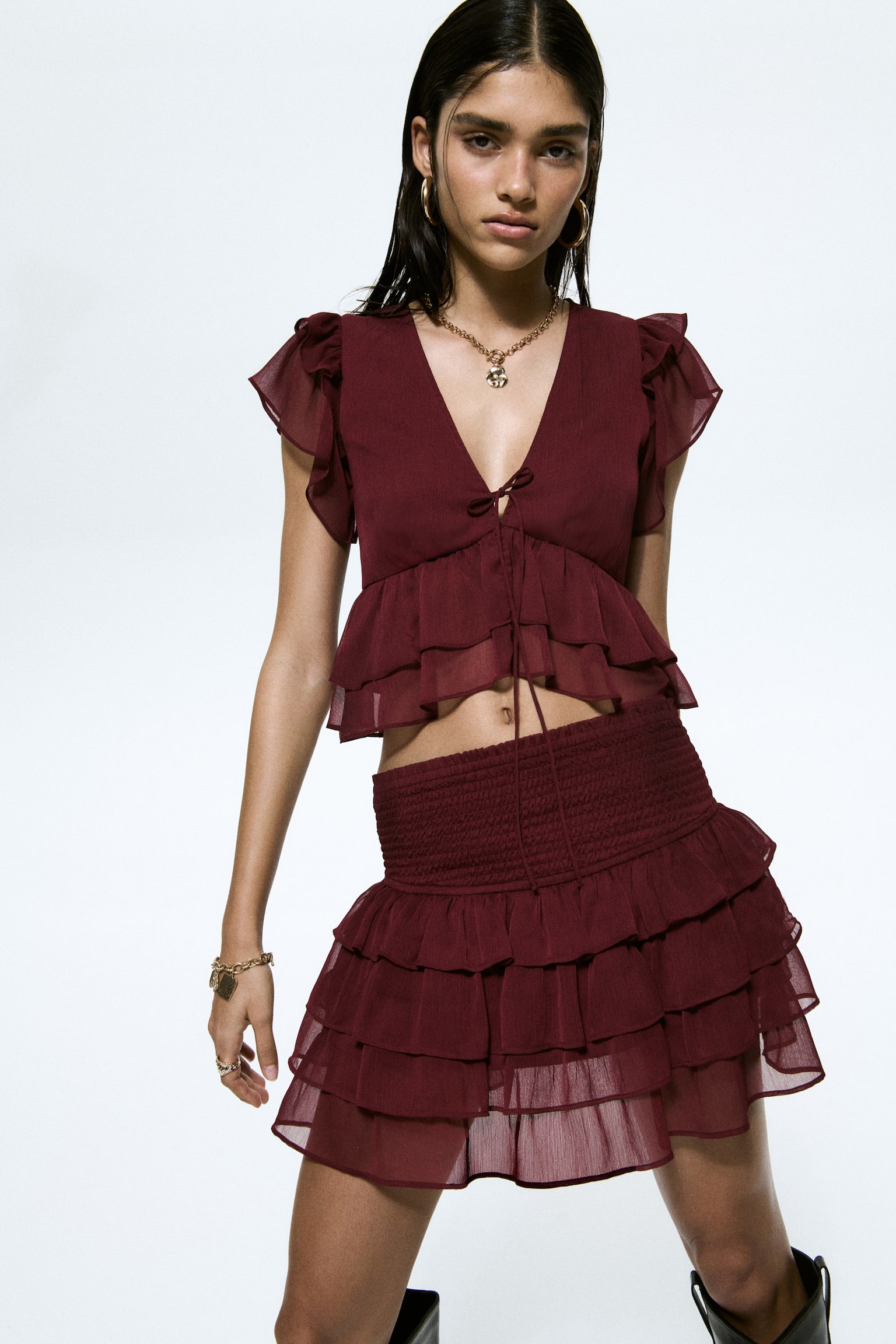 Frill-trimmed chiffon top - Burgundy/Cream/Paisley pattern/Yellow/Glittery - 1