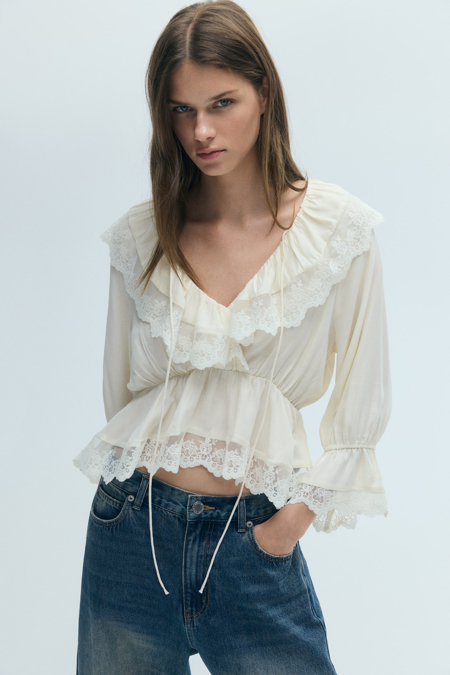 Женская блузка H&M Flounced Peplum Blouse, цвет: Кремовый — фото 3