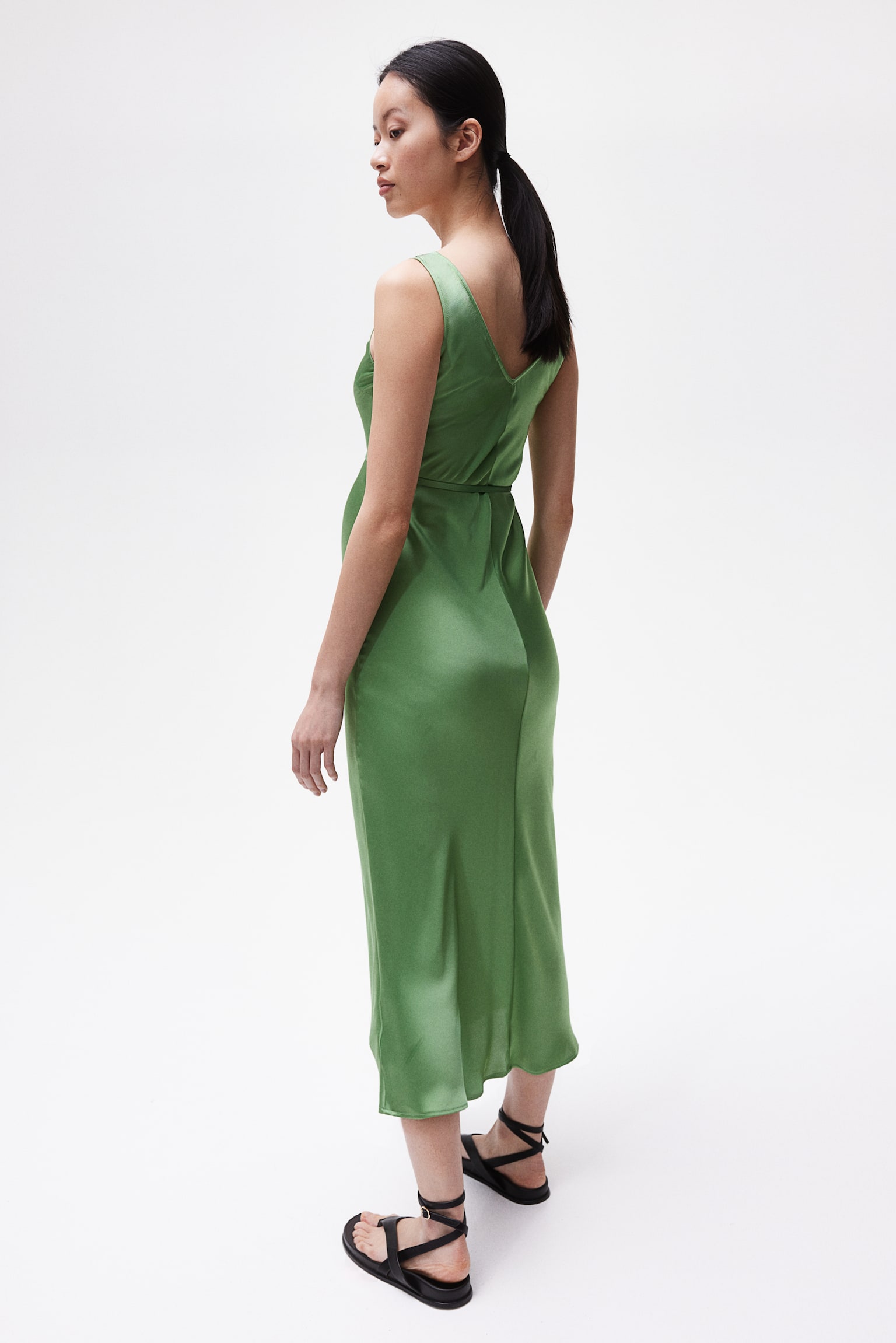 MAMA Tie Belt Satin Dress - Green/Black - 1