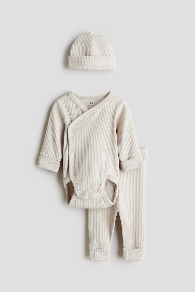 Conjunto de 3 piezas con función extensible - Beige claro/Blanco natural jaspeado/Blanco/Rayas verdes - 1