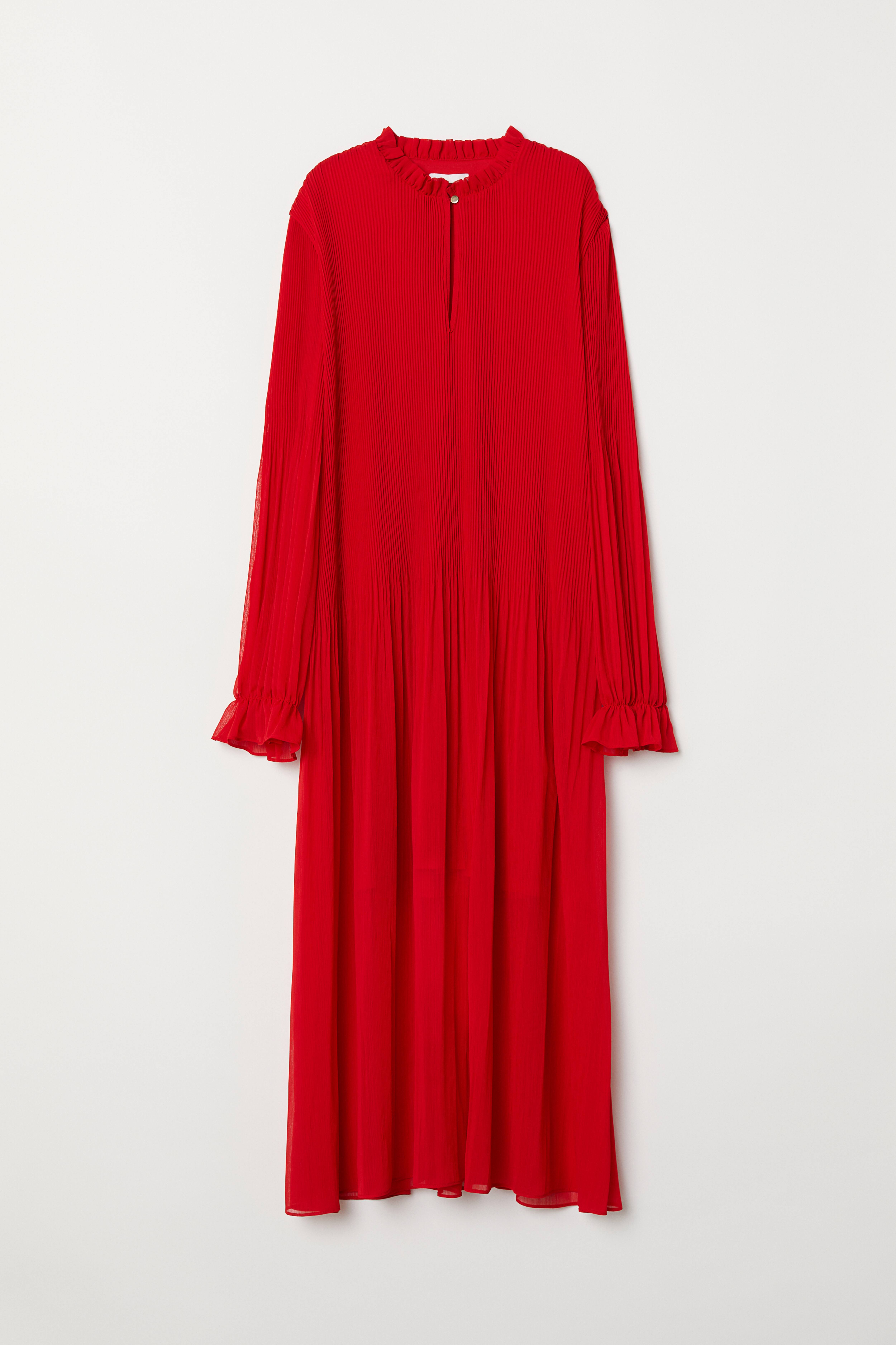 Pleated Chiffon Dress - Long sleeve - Midi - Red - Ladies | H&M US