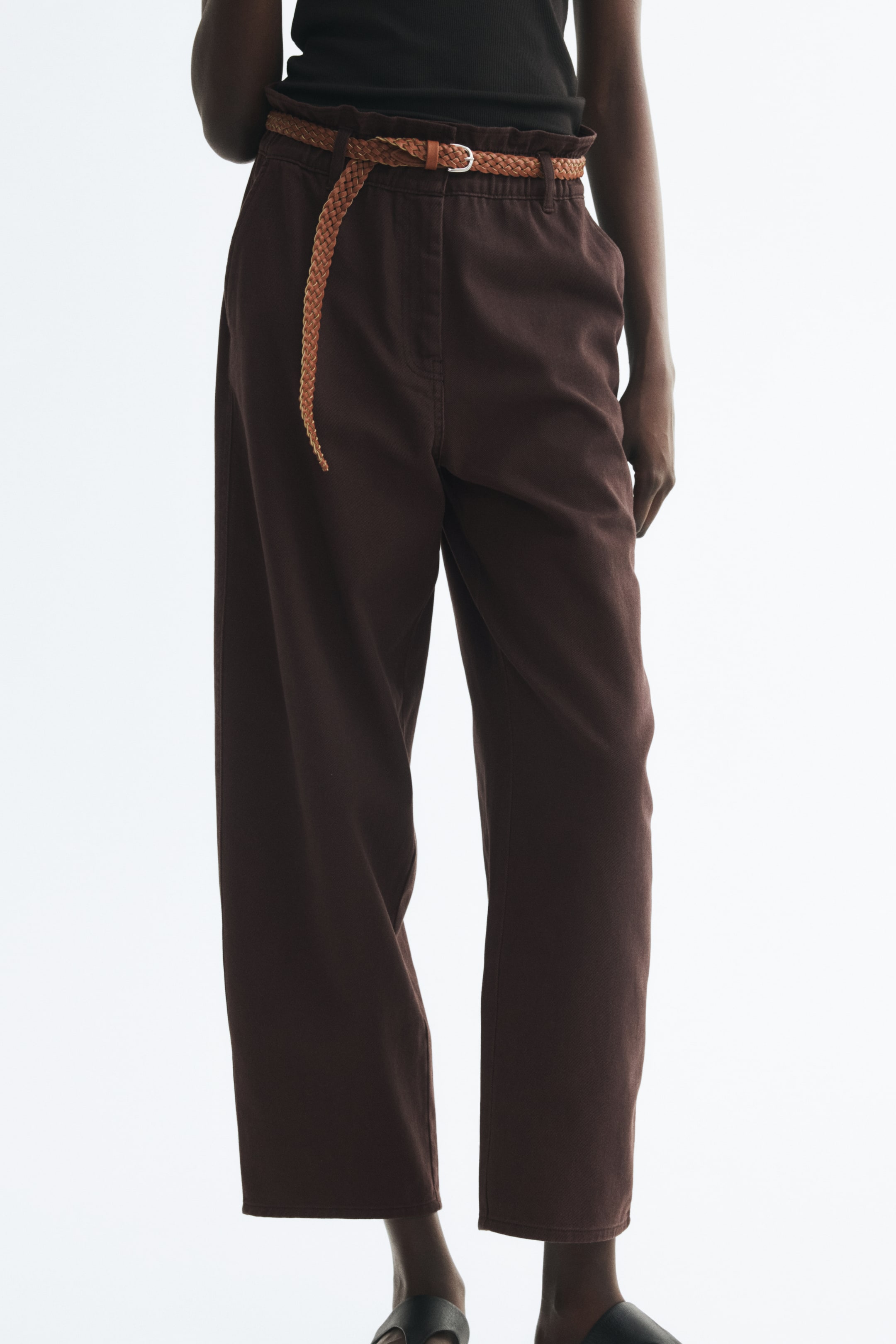 Belted Barrel-Leg Pants