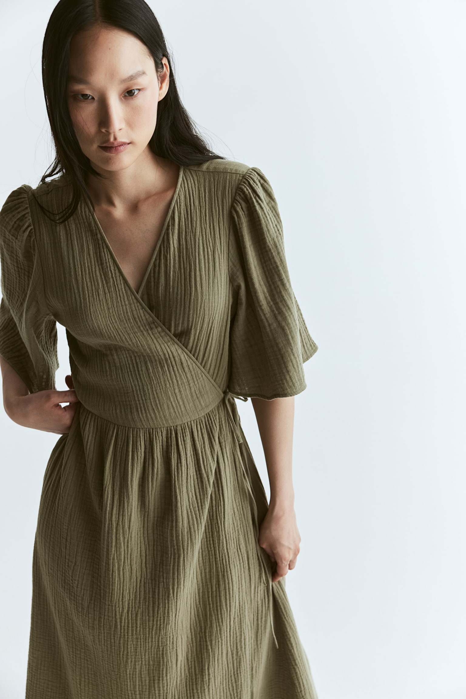 Muslin wrap dress - Khaki green/Light beige - 6