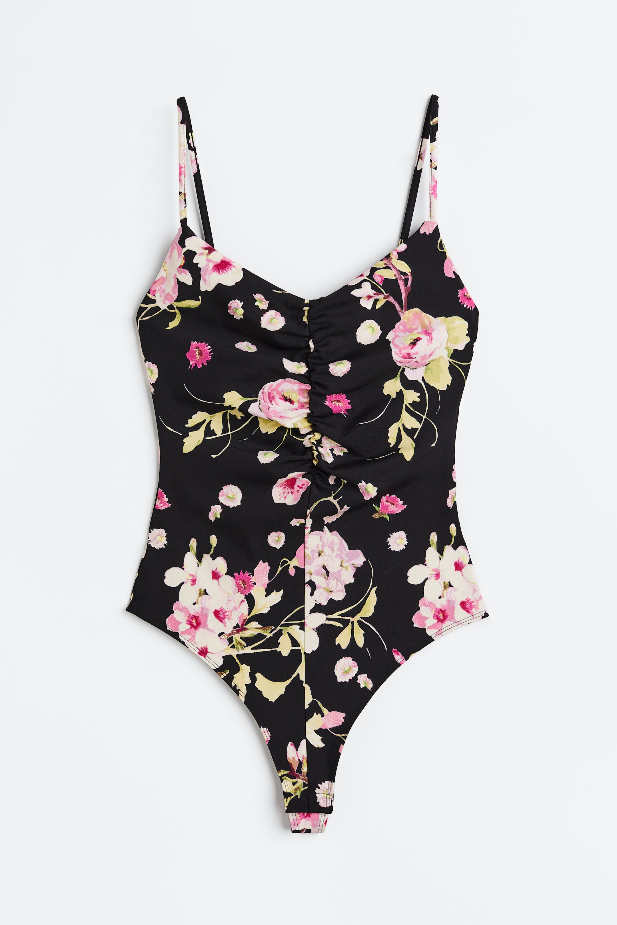 Gathered Thong Bodysuit - V-neck - Sleeveless - Black/floral 