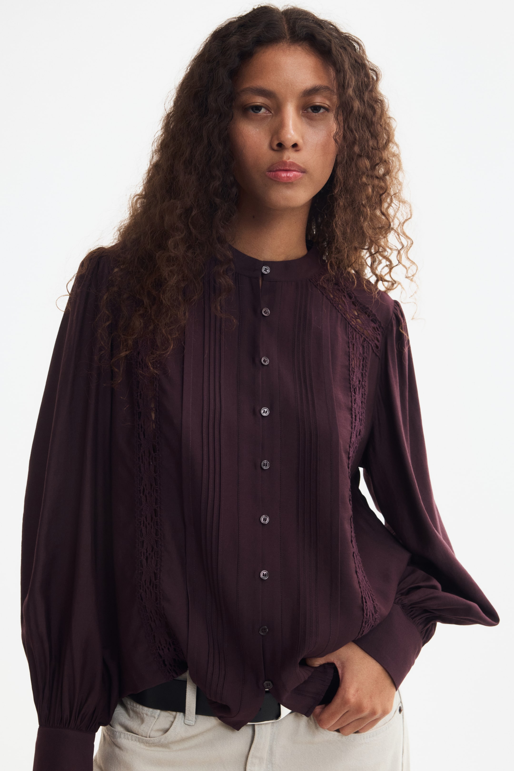 View larger image: Lace-inset puff-sleeved blouse - Dark purple - Ladies | H&M 1