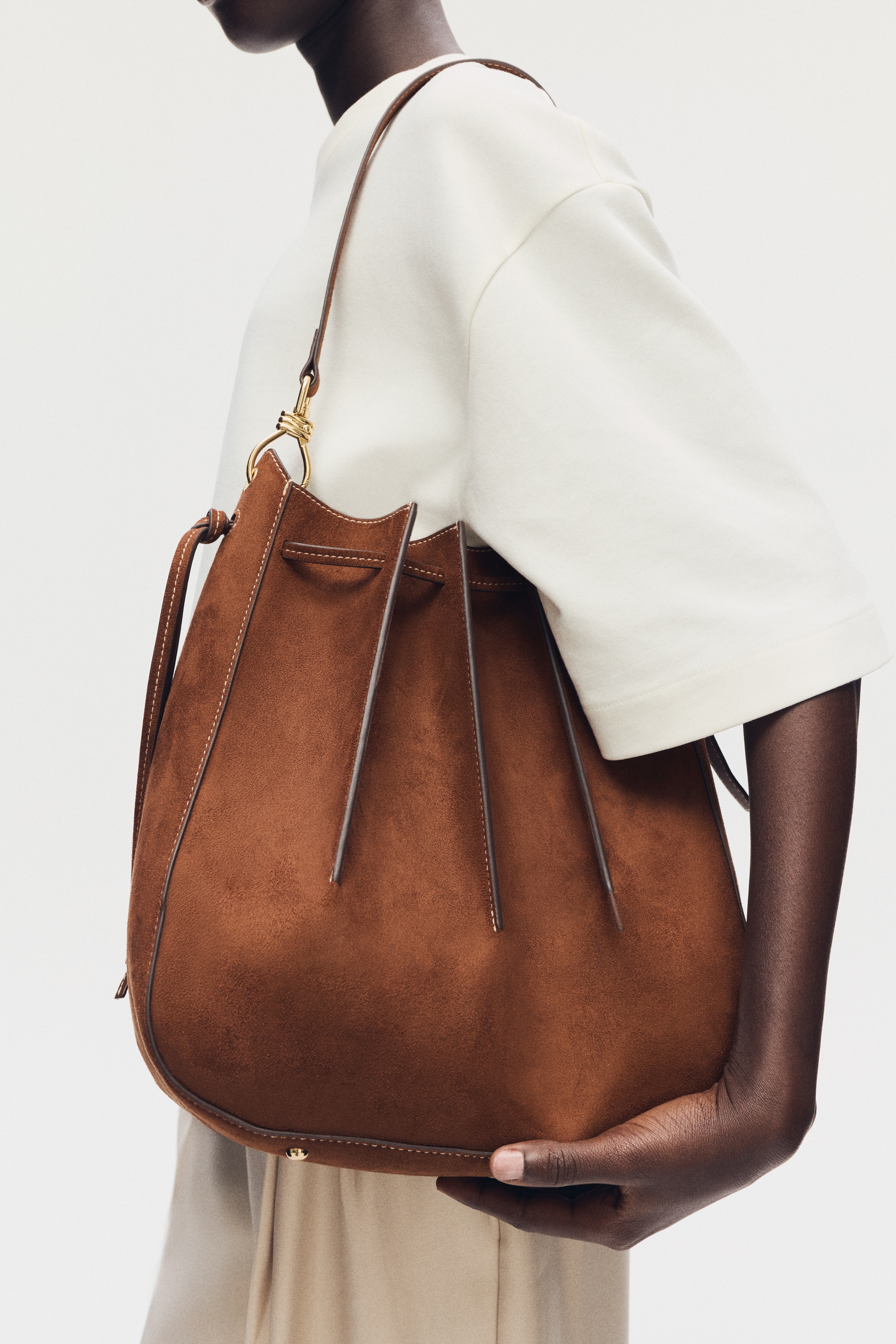 Borsa a spalla con pieghe - Marrone/Beige