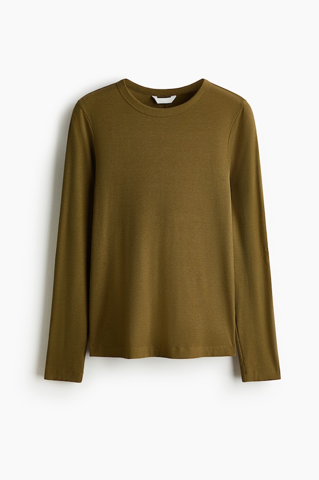 Long-Sleeved Ribbed Top - Dark khaki green/Gray melange/White/Dark dusty purple/Cream/striped - 1