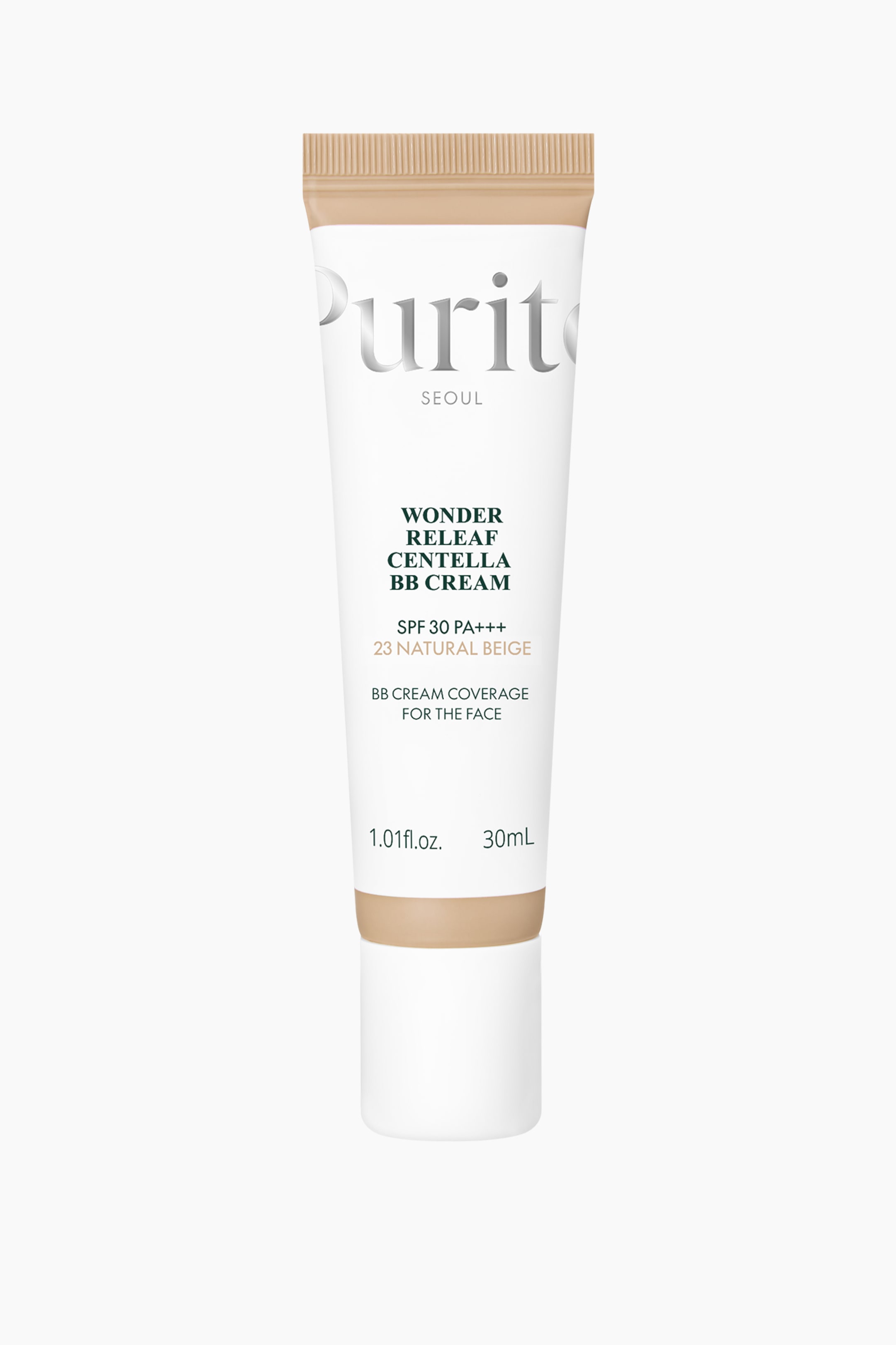 Se større billede: Et kosmetikrør står oprejst og vender fremad. Det er hvidt med en beige krøllet top og et beige bånd nær bunden, der viser teksten 'Purito Seoul', 'Wonder Releaf Centella BB Cream' og '23 Natural Beige'.