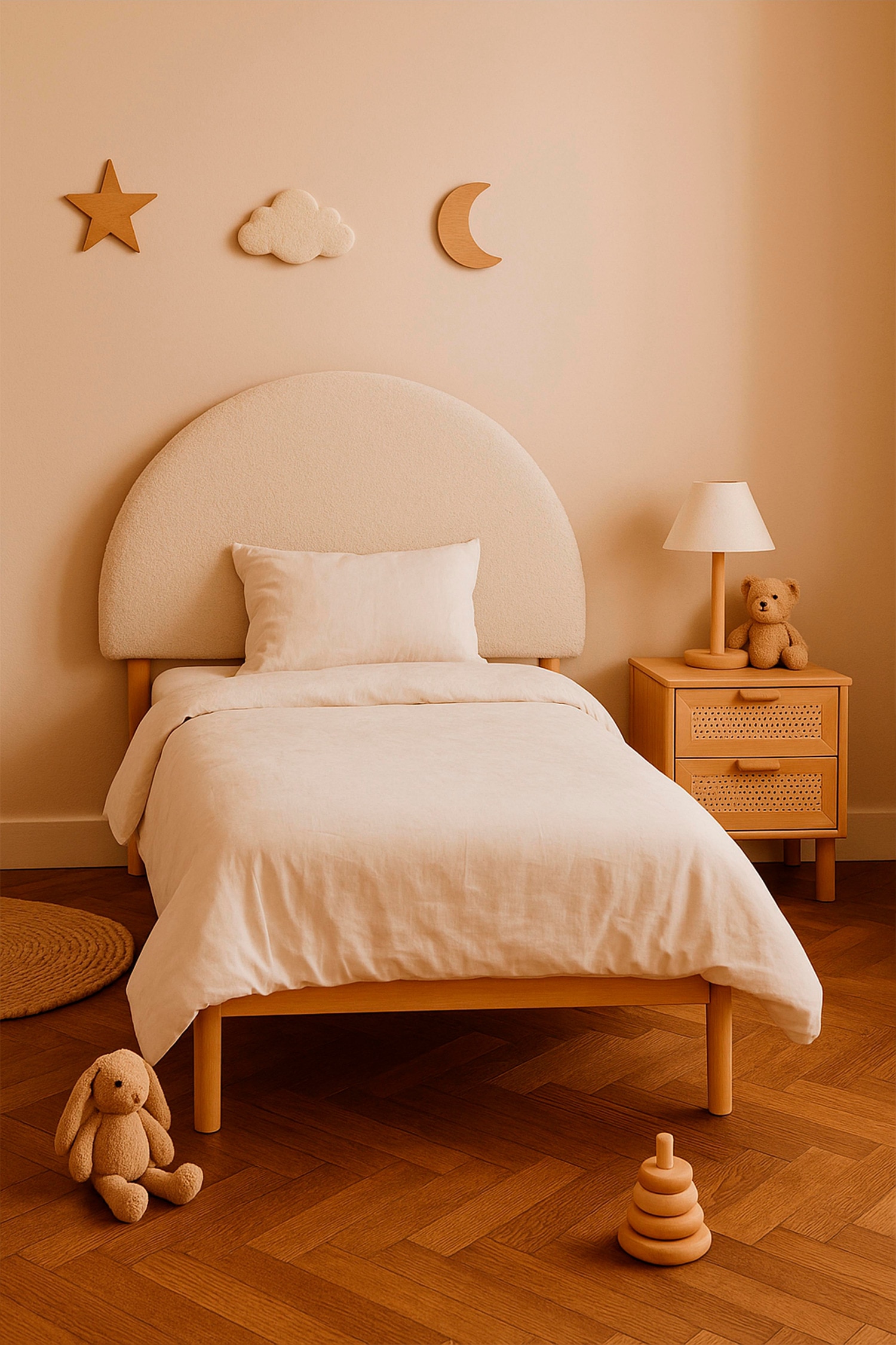 Moon Tête De Lit Pour Enfant En Forme De Demi-lune - Teddy Beige/Vichy Turquoise/Bleu Turquoise