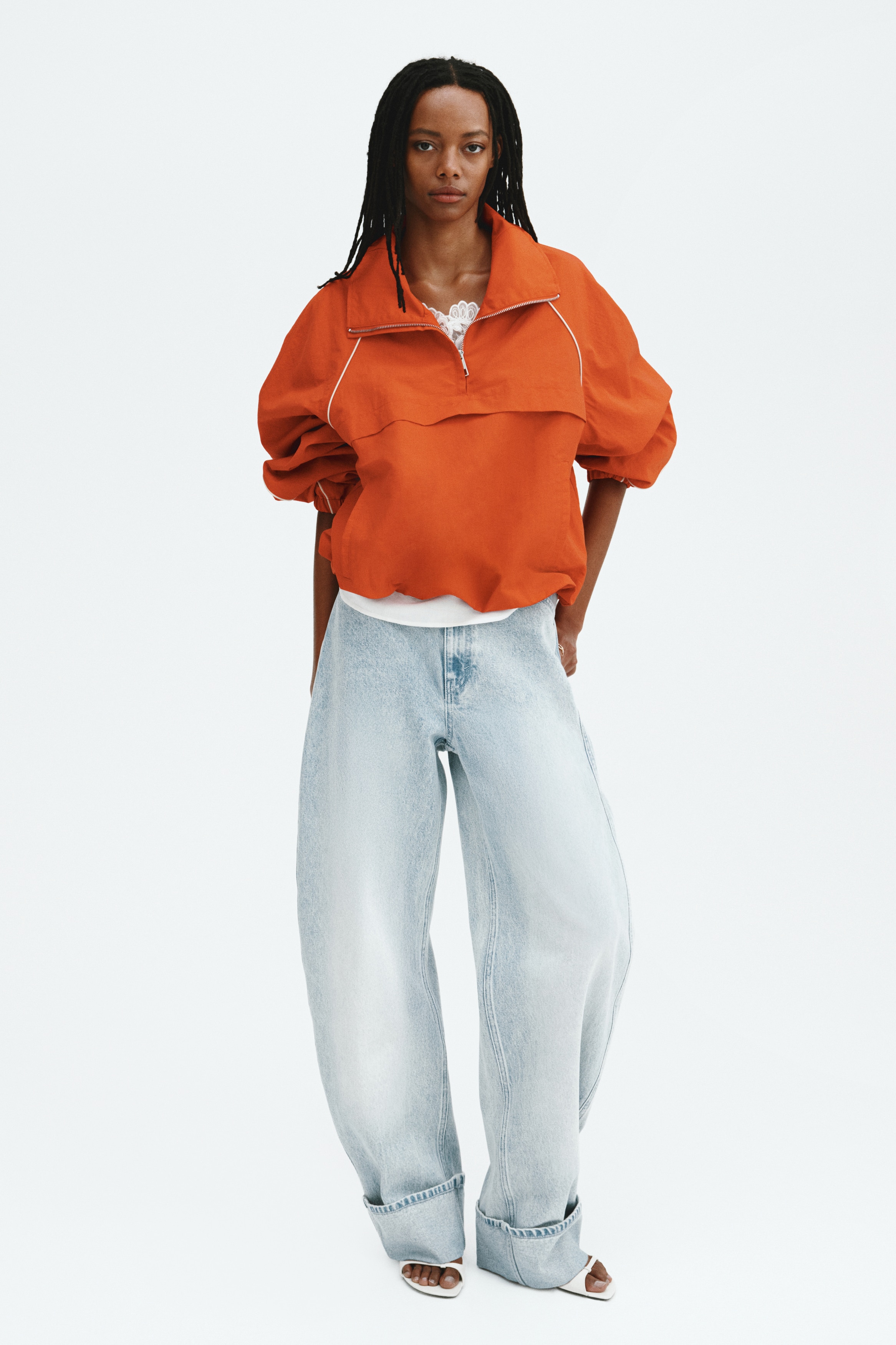 Barrel Leg Regular Waist Jeans - Sart denimblå/Creme