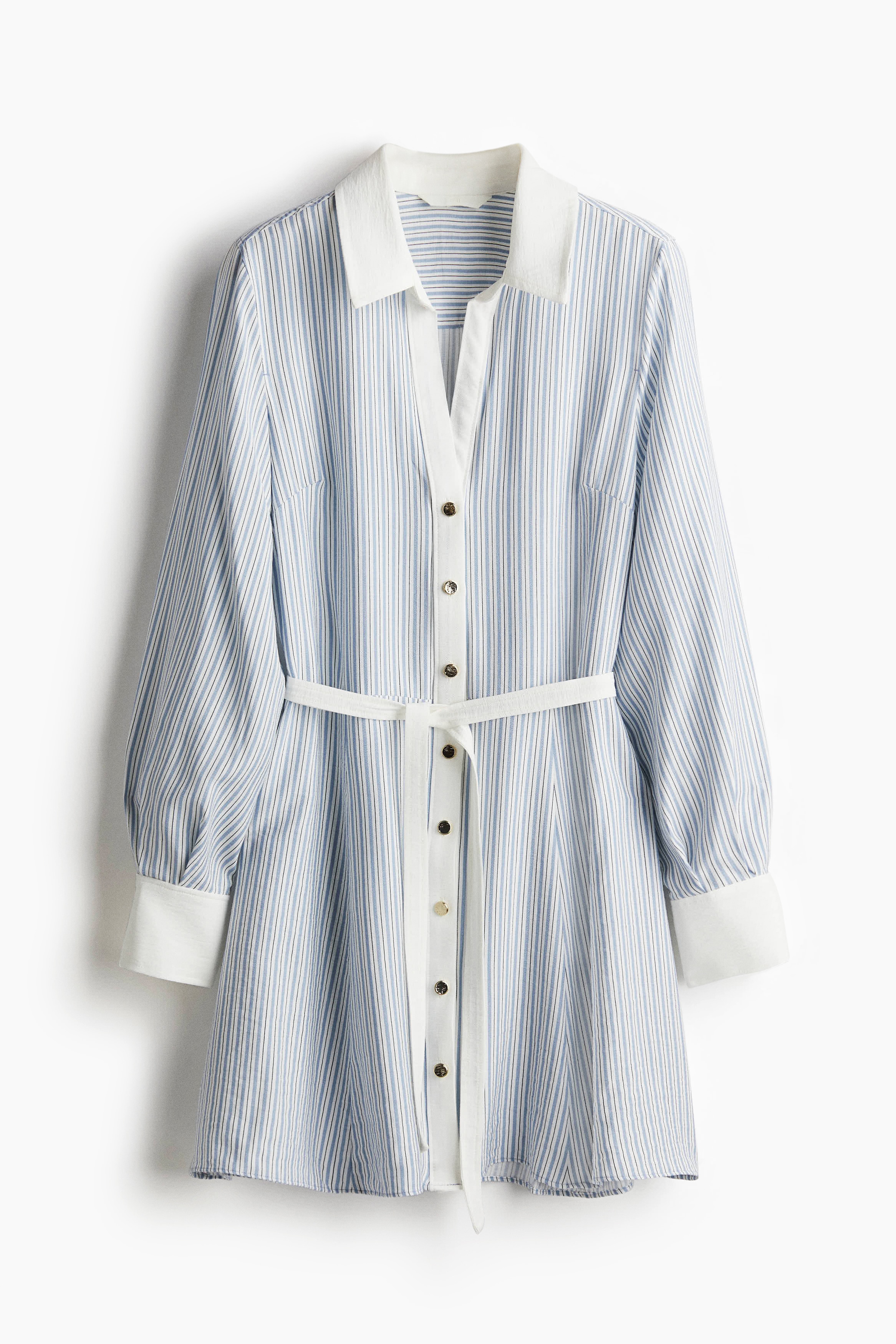 Tie-belt shirt dress - Light blue/Striped