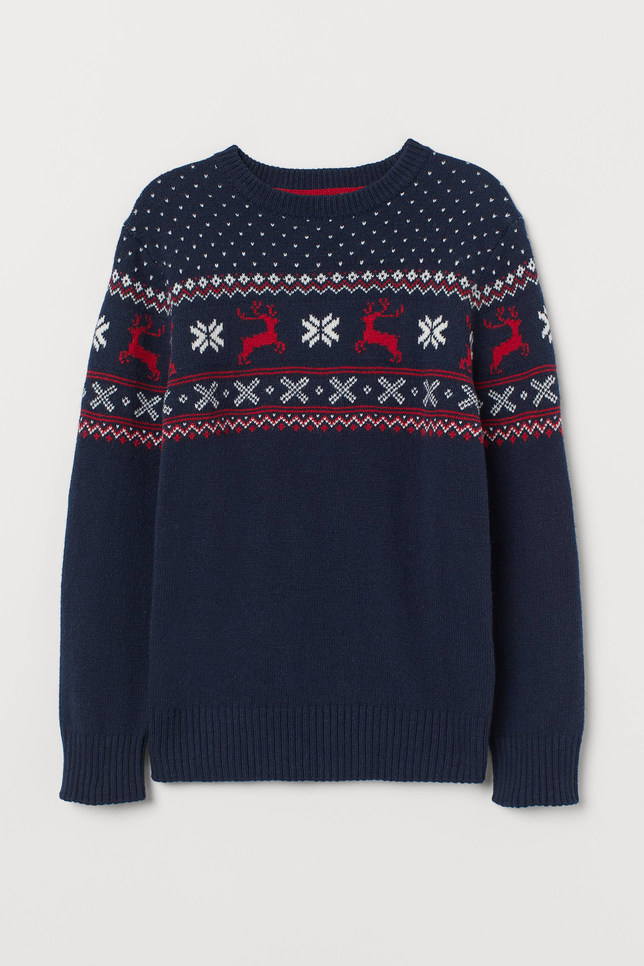 Jacquard-knit jumper - Round neck - Long sleeve - Dark blue/Reindeer ...