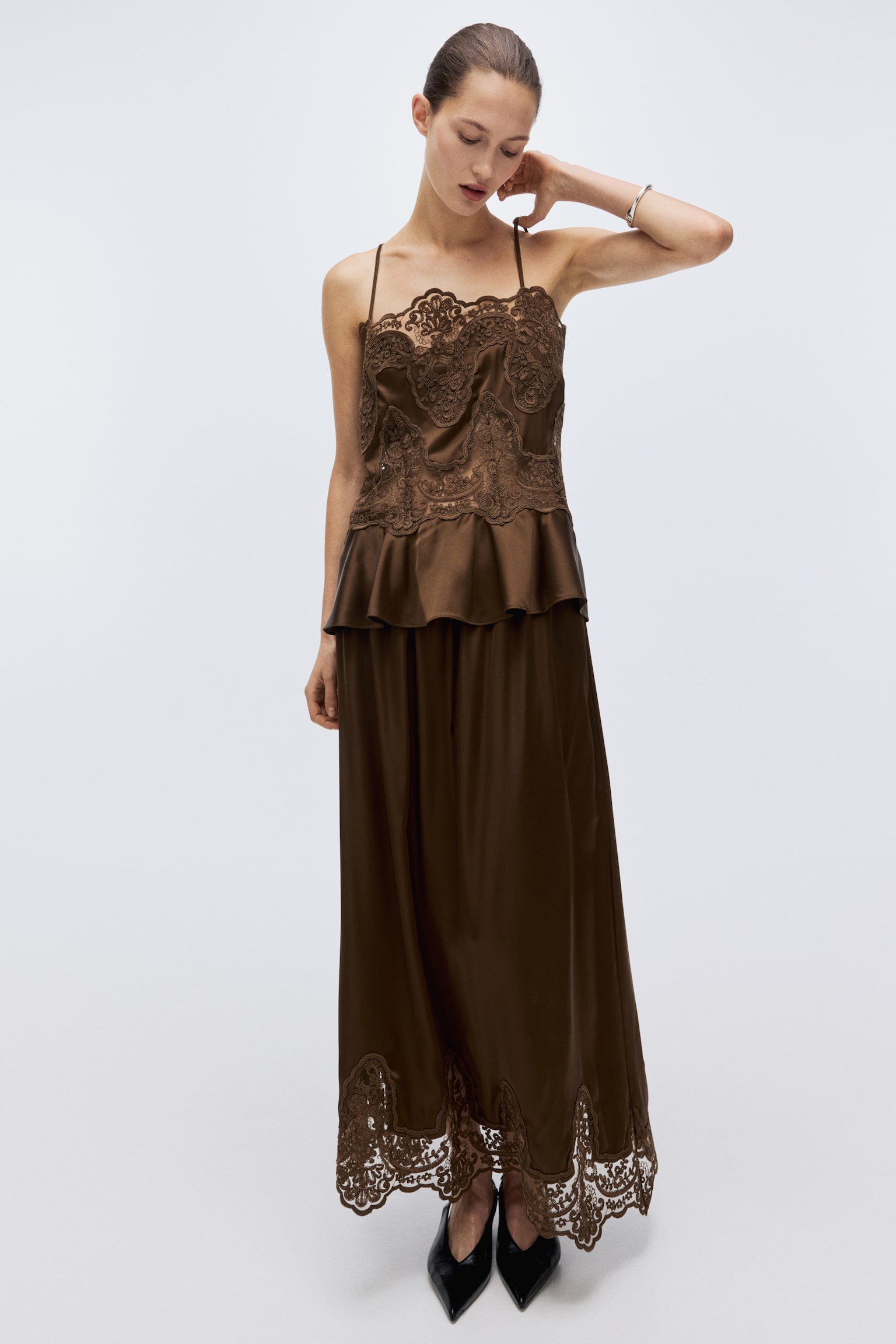 Lace-detail satin top - Brown - 6