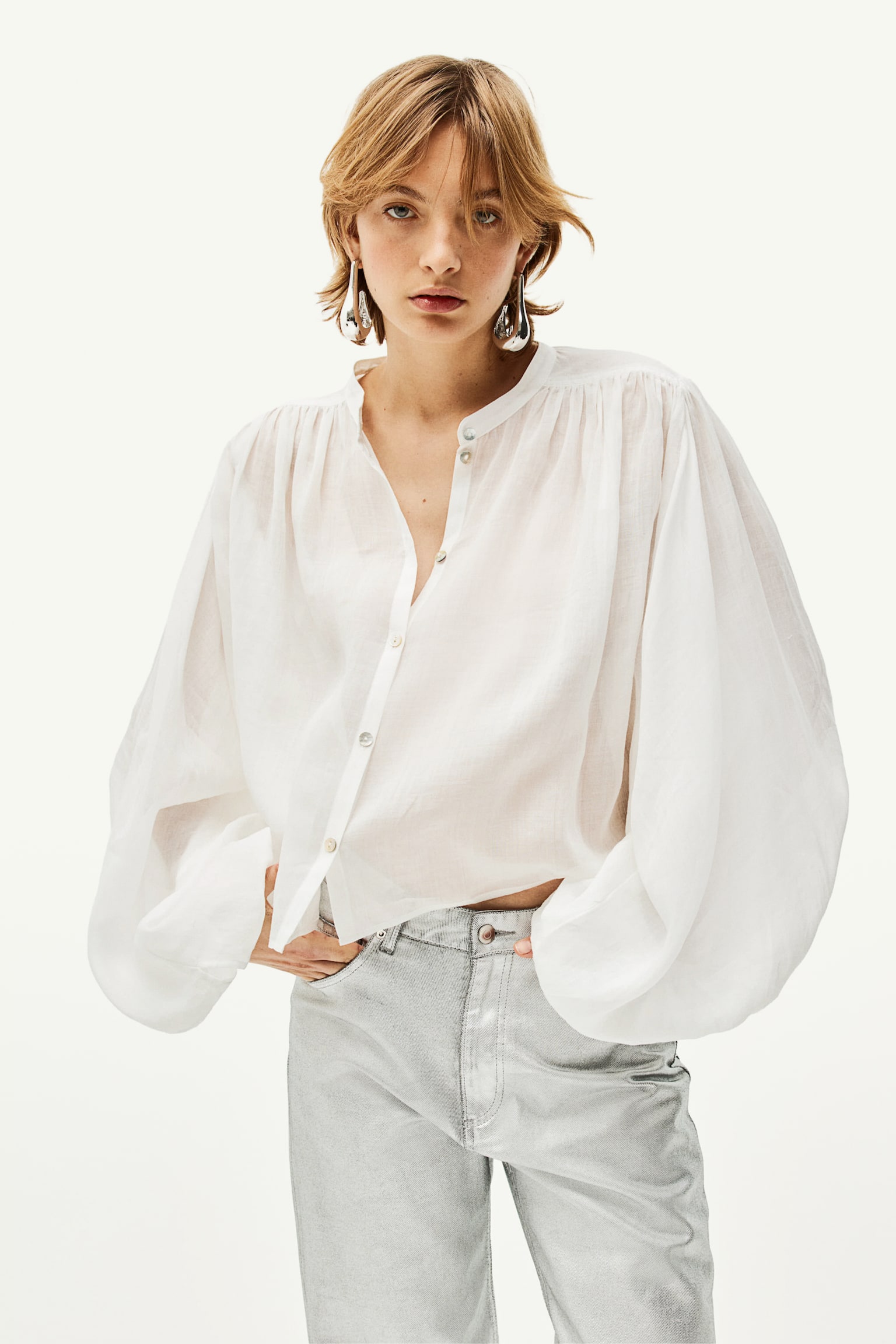 Balloon Sleeve Ramie Blouse - White - 8