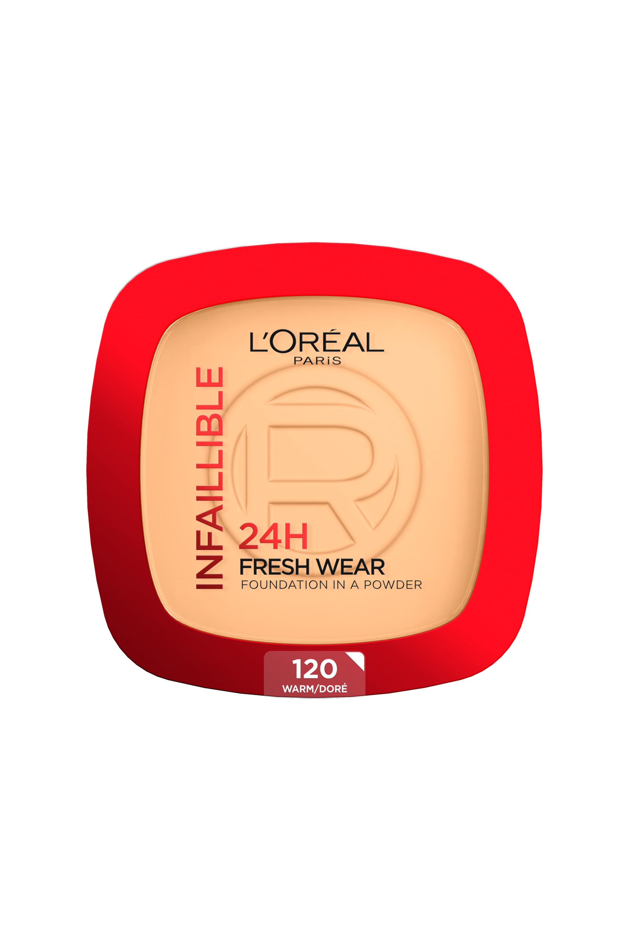 Vis større bilde: En L'Oréal Paris Infallible 24H Fresh Wear Foundation i et pudderkompakt viser sin firkantede form med avrundede hjørner, med en rød kant og en beige pudderoverflate. Pudderet har et preget 'R'-logo, sammen med teksten 'L'Oréal Paris,' 'Infallible,' '24H Fresh Wear Foundation in a Powder,' og '120 Warm/Doré'.