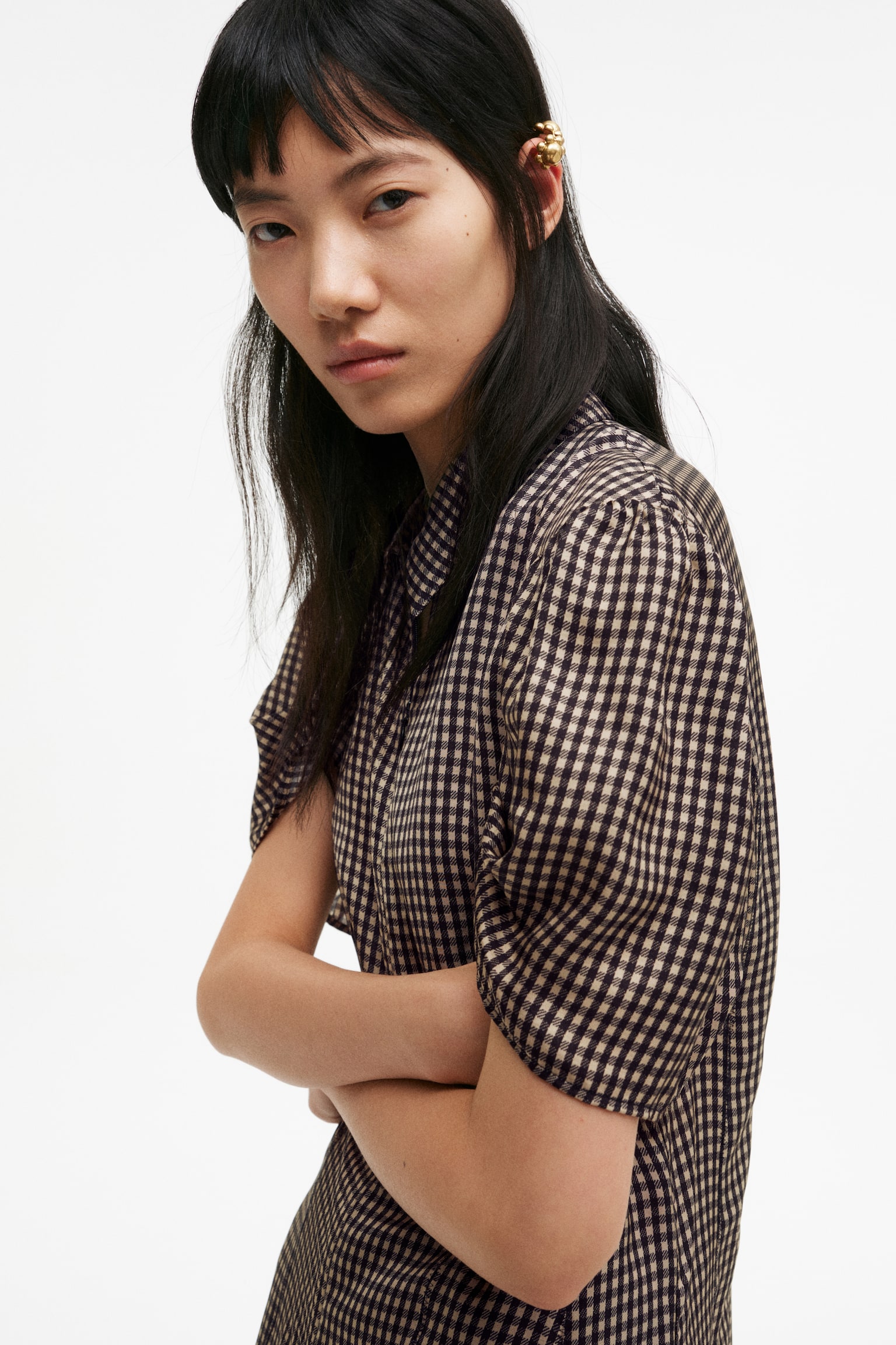 Puff-Sleeved Dress - Black/gingham - 4