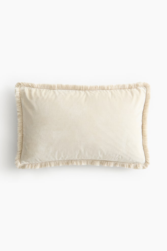 Velvet Cushion Cover with Fringe - Light beige - 1