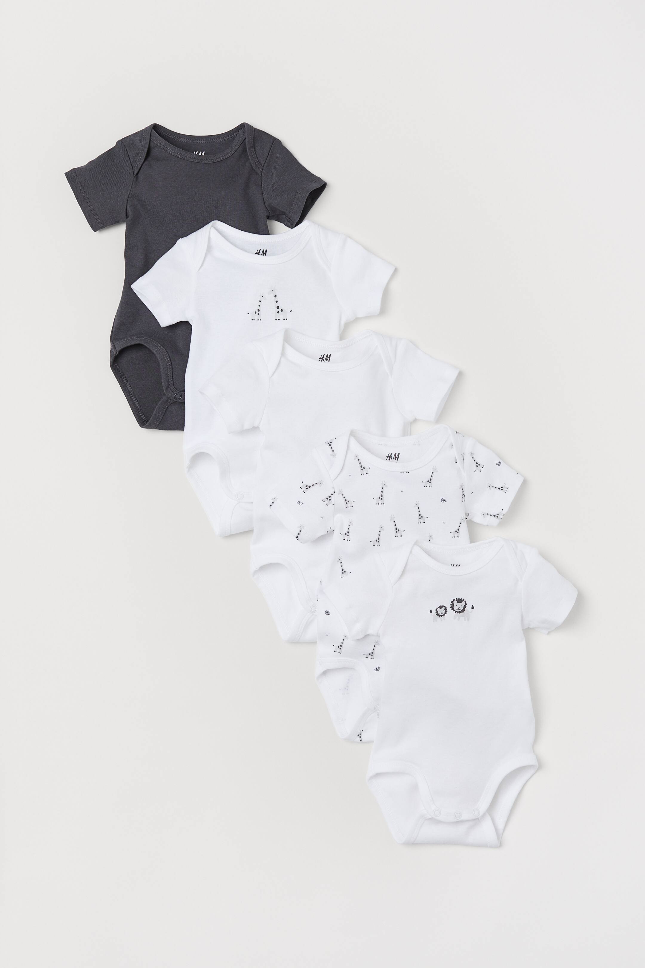 Grotere afbeelding bekijken: Set van 5 rompers - Donkergrijs/giraffen - KINDEREN | H&M NL 1
