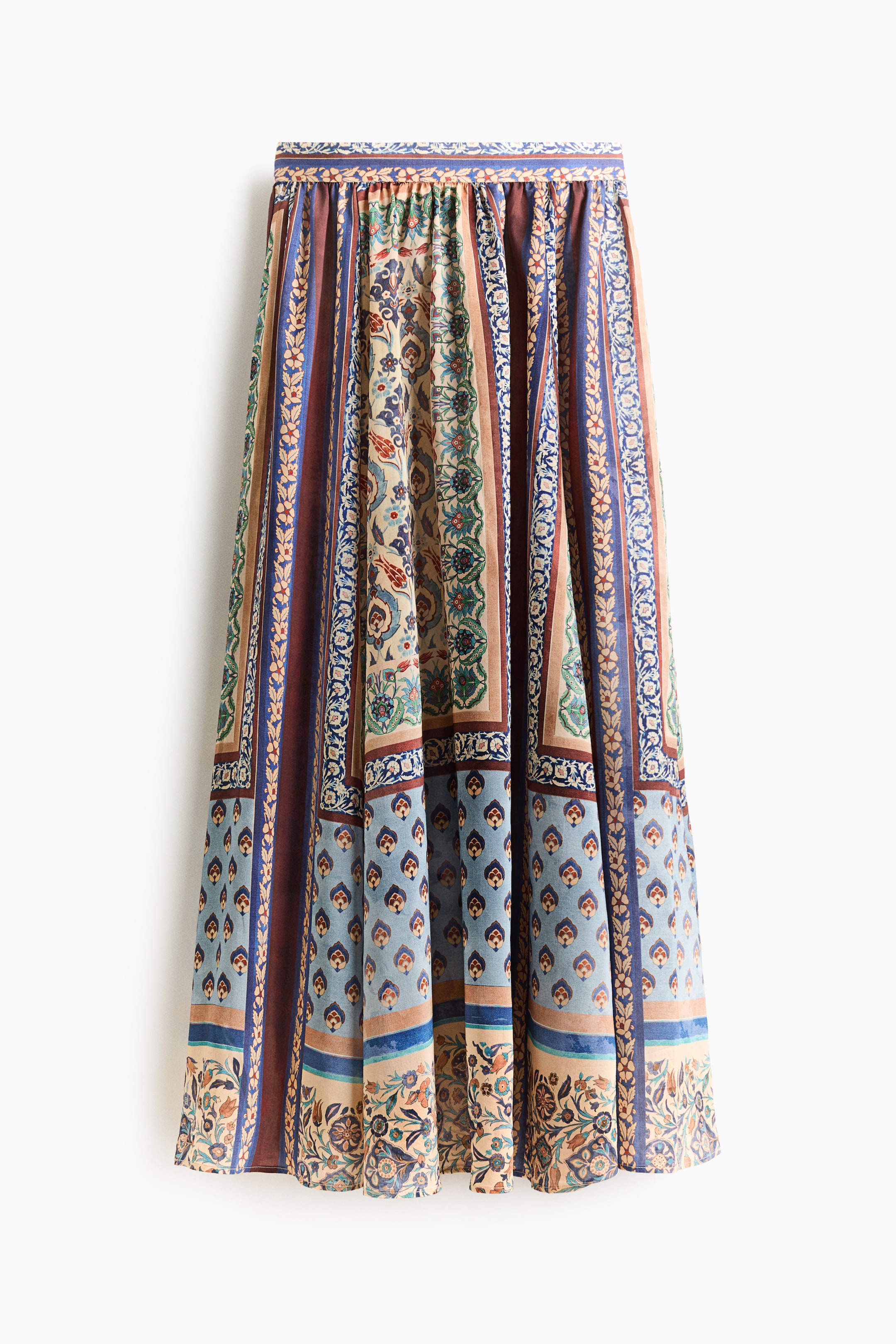 View larger image: The skirt showcases a front view, boasting a flowing, maxi-length silhouette. It features a multi-patterned design with vertical and horizontal bands of intricate floral, geometric, and paisley motifs in hues of blue, brown, cream, and green. The waistband is gathered.