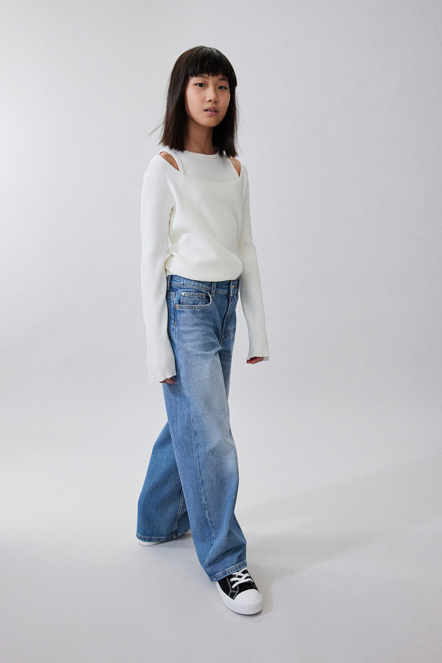 Loose Fit Wide Leg Low Jeans - Denim blue/Light denim blue/White - 2