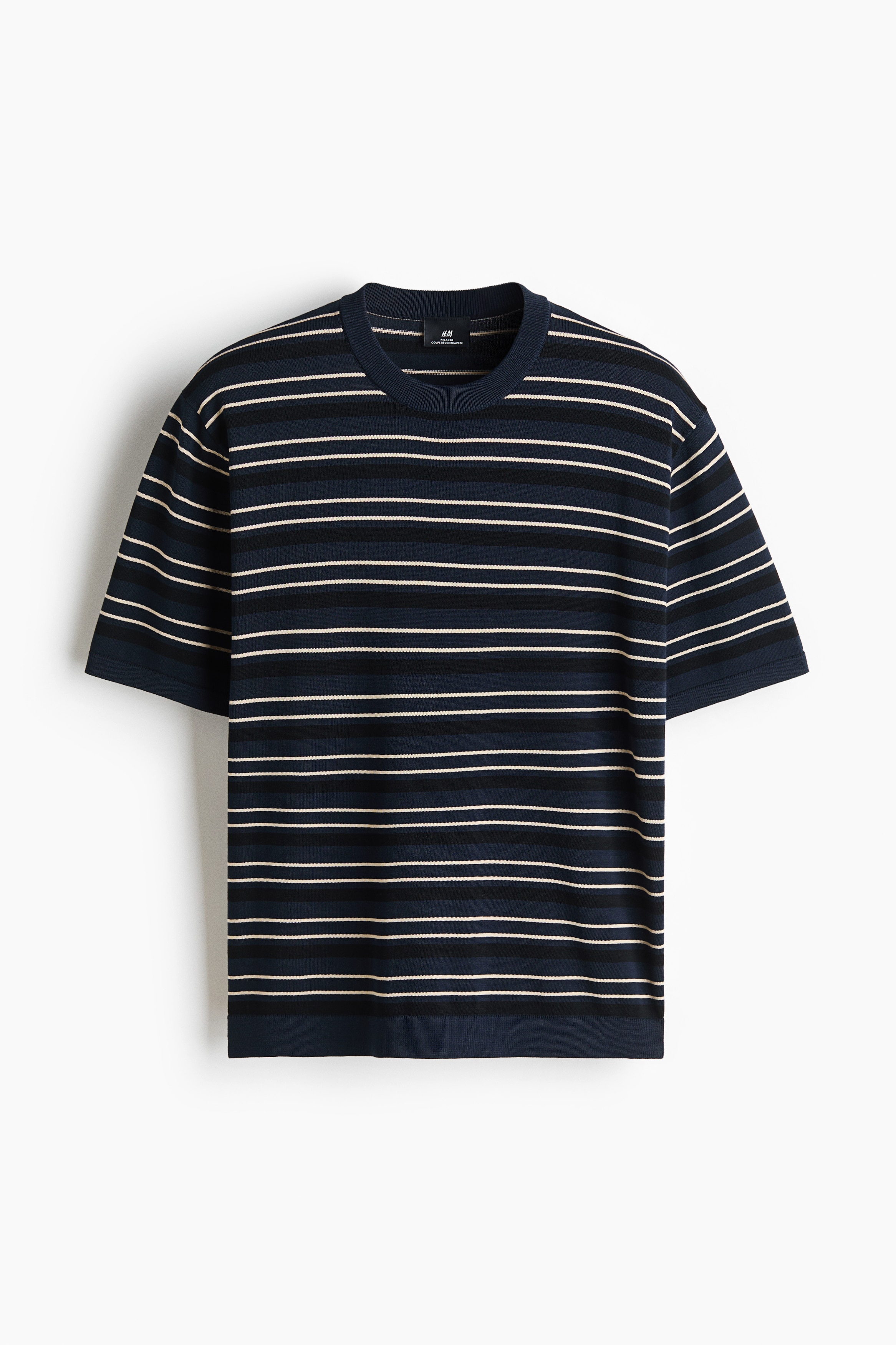 Relaxed Fit Knitted T-shirt - Navy blue/Striped/Cream/Striped
